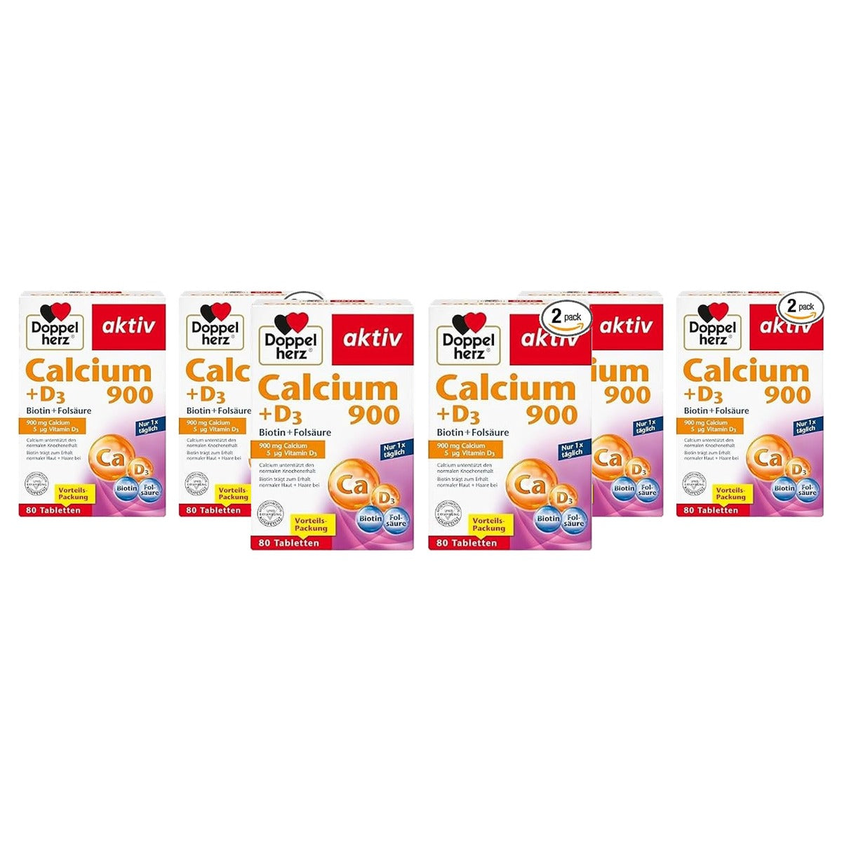 Doppelherz Calcium 900 + D3 + Biotine + Foliumzuur 2 x 80 Tabletten - 3-pack