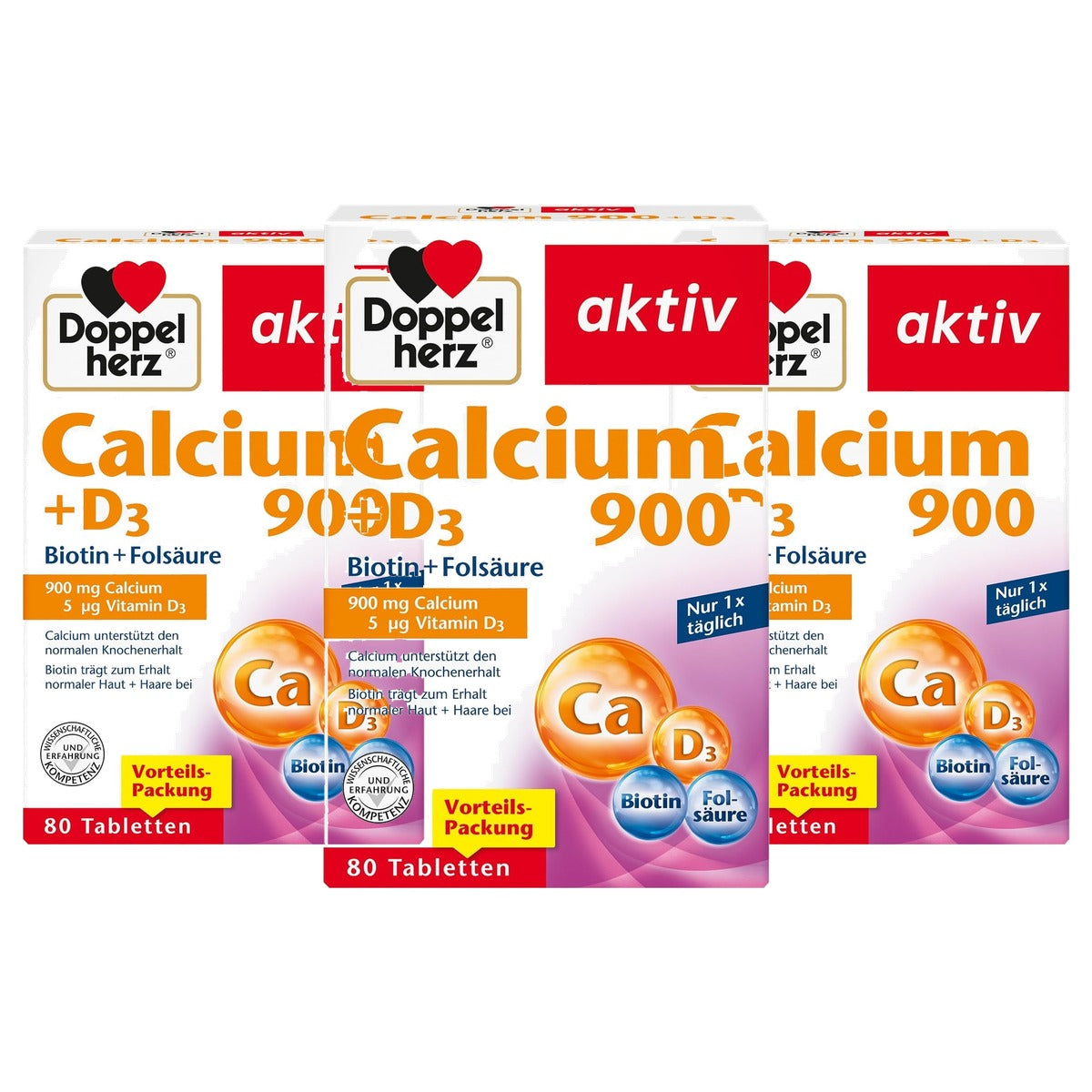 Doppelherz Calcium 900 + D3 + Biotine + Foliumzuur 80 Tabletten - 3-pack