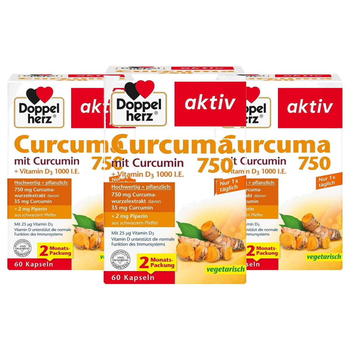 Doppelherz Curcuma 750 met Vitamine D3 60 Capsules - 3-pack