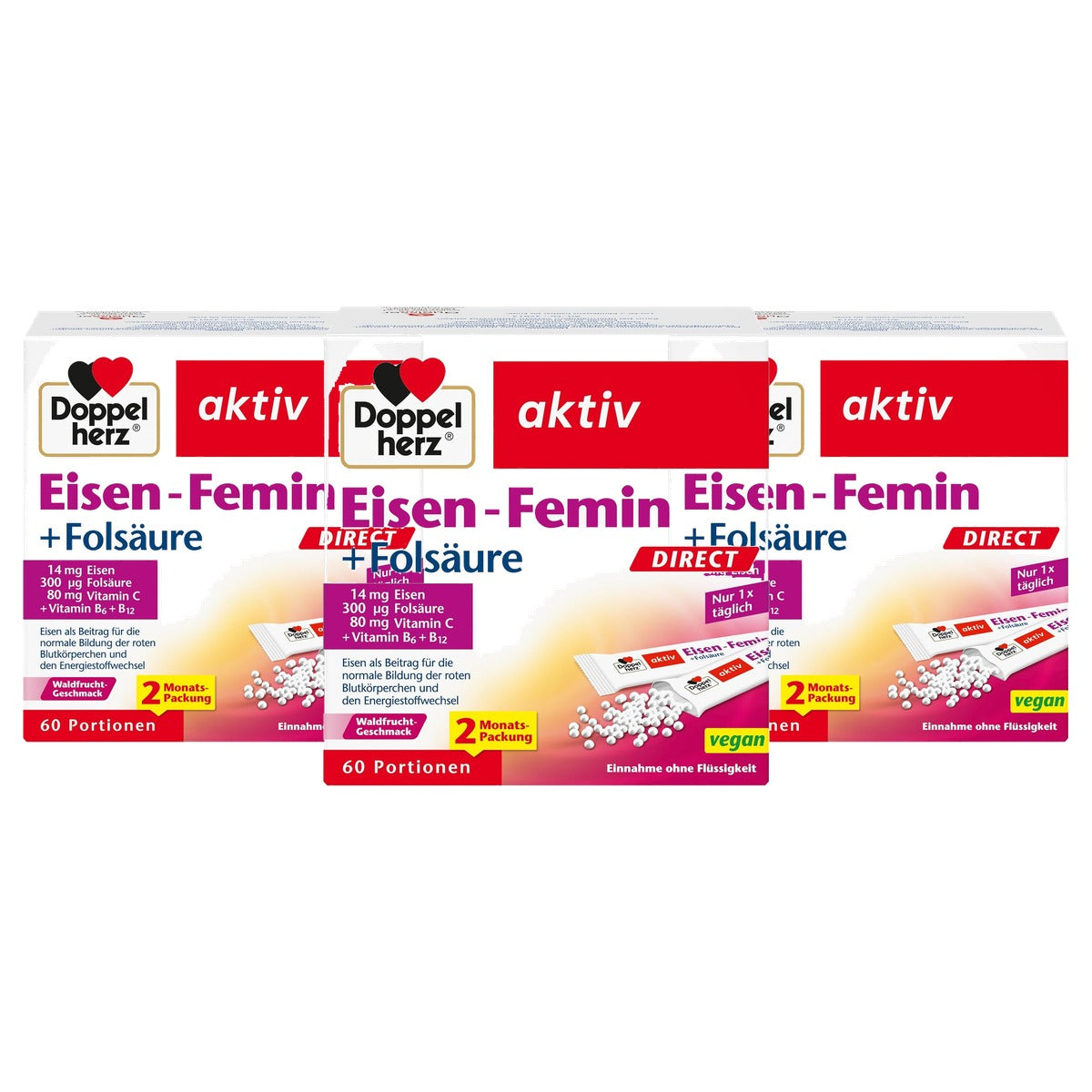 Doppelherz Eisen-Femin Direct met Bosvruchtensmaak 60 Porties - 3-pack