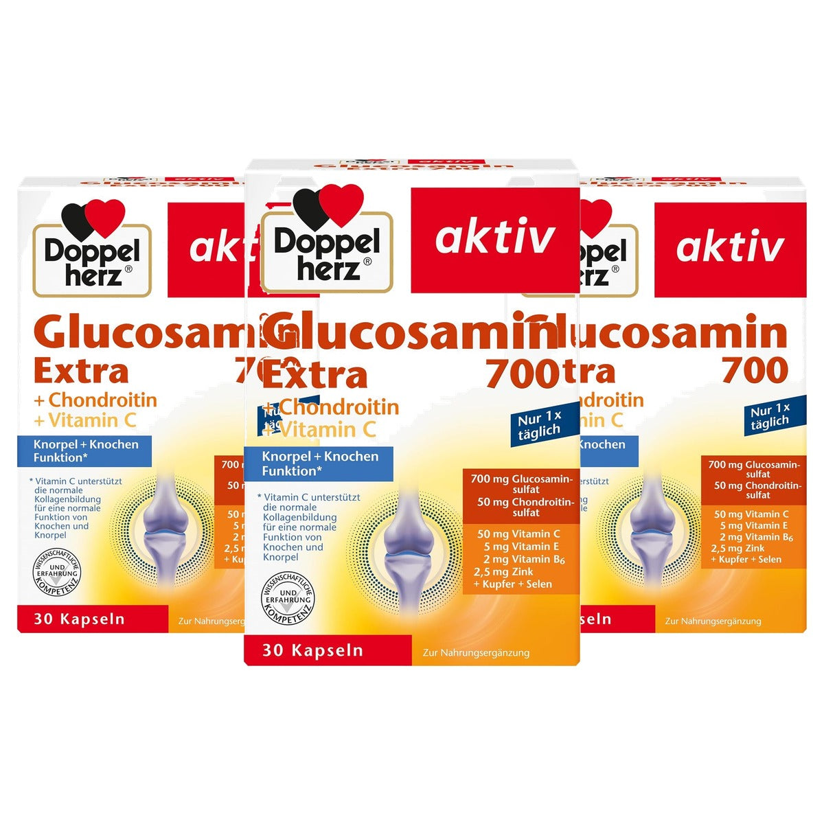 Doppelherz Glucosamine 700 Extra met Chondroïtine en Vitamine C 1 x 30 Capsules - 3-pack