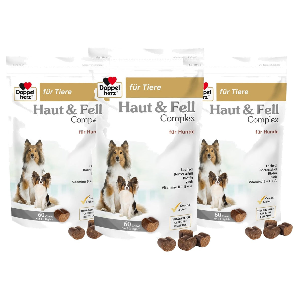 Doppelherz Huid- en Vachtcomplex Kauwsnack voor Honden 60 chews - 3-pack
