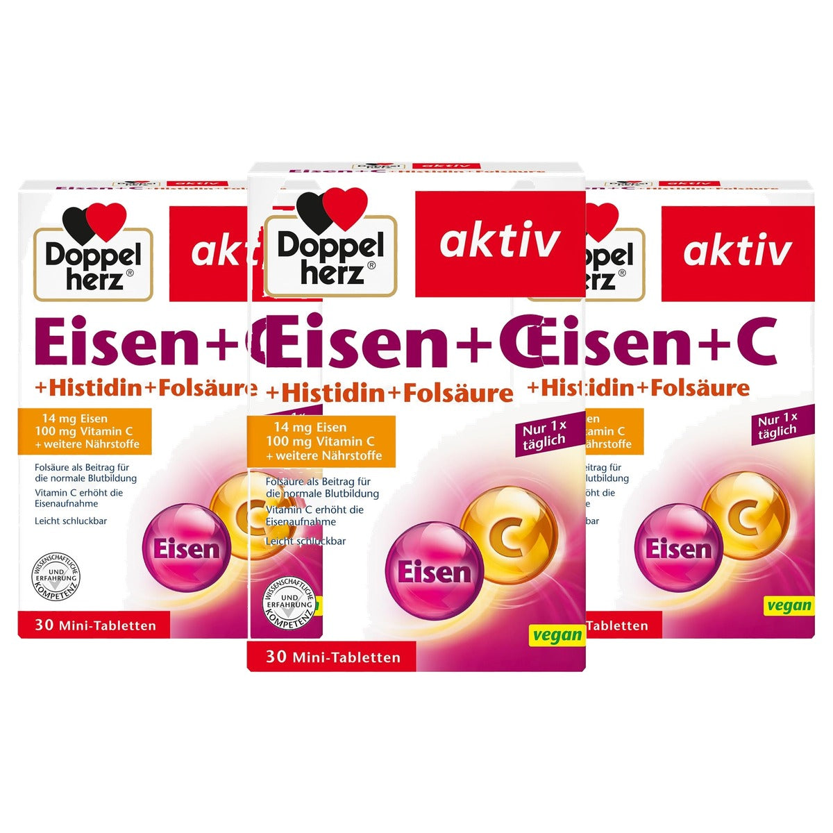 Doppelherz IJzer + C + Histidine + Foliumzuur 30 Mini-tabletten - 3-pack