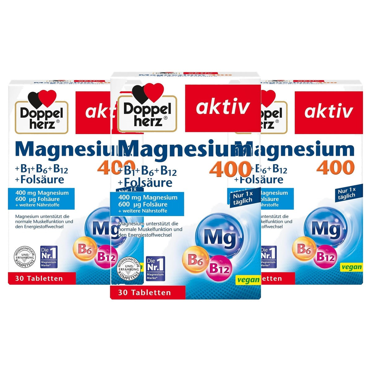 Doppelherz Magnesium 400 + B1 + B6 + B12 + Foliumzuur 30 Tabletten - 3-pack