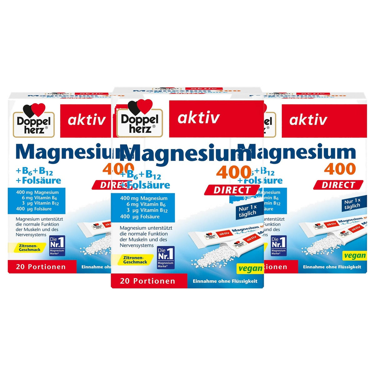 Doppelherz Magnesium 400 + B6 + B12 + Foliumzuur Direct 20 Porties - 3-pack
