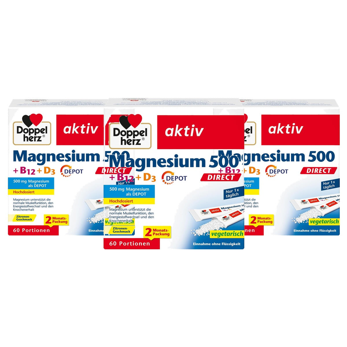 Doppelherz Magnesium 500 + B12 + D3 Direct met Depotfunctie 96 g - 3-pack