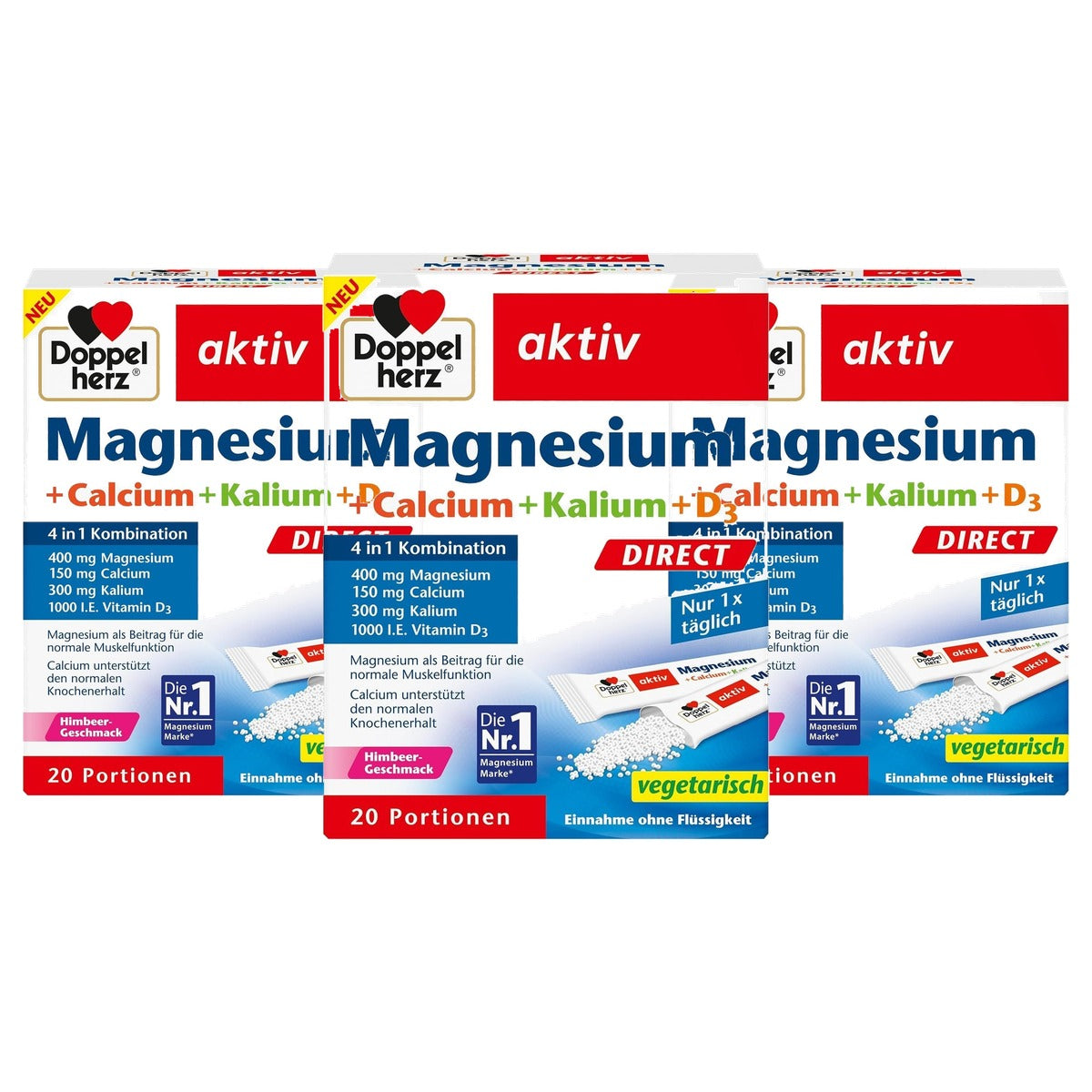 Doppelherz Magnesium + Calcium + Kalium + D3 Direct Frambozensmaak 20 Sticks - 3-pack