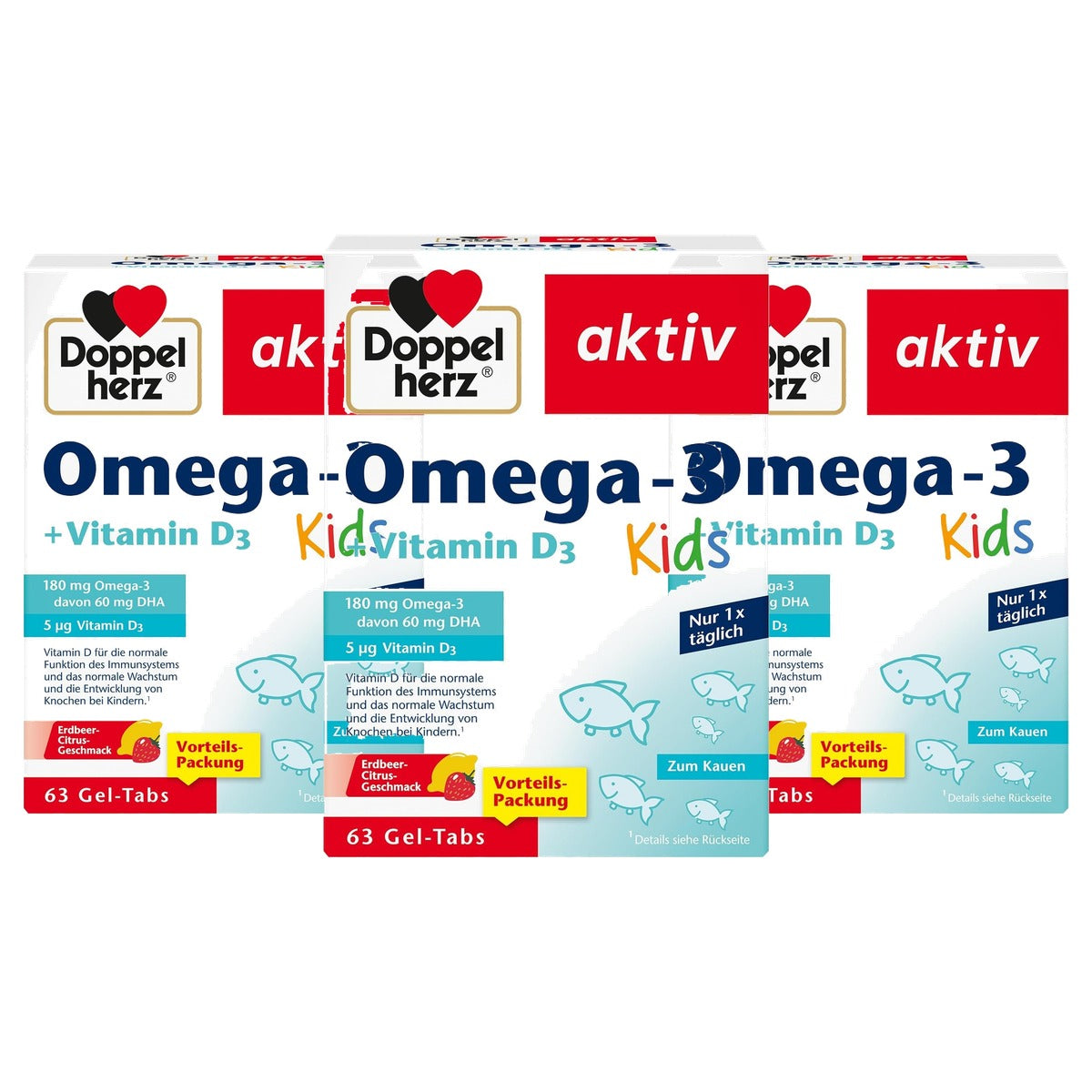 Doppelherz Omega-3 + Vitamine D3 Kids Aardbeien-Citrus 63 Gel-tabs - 3-pack