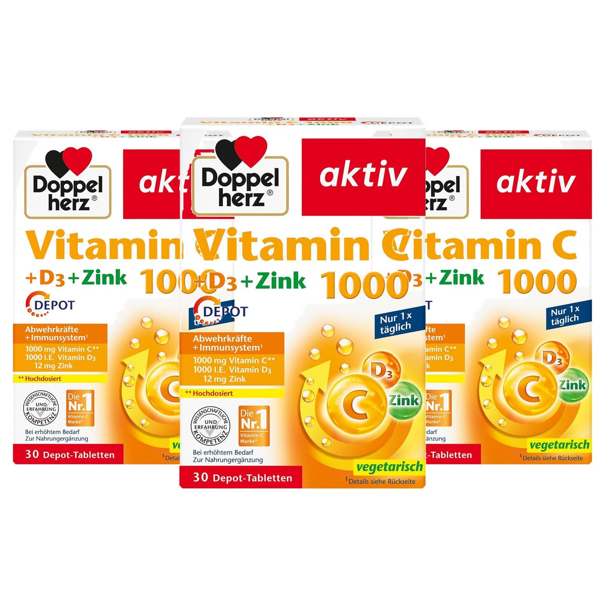 Doppelherz Vitamine C 1000 + D3 + Zink 30 Depot-Tabletten - 3-pack