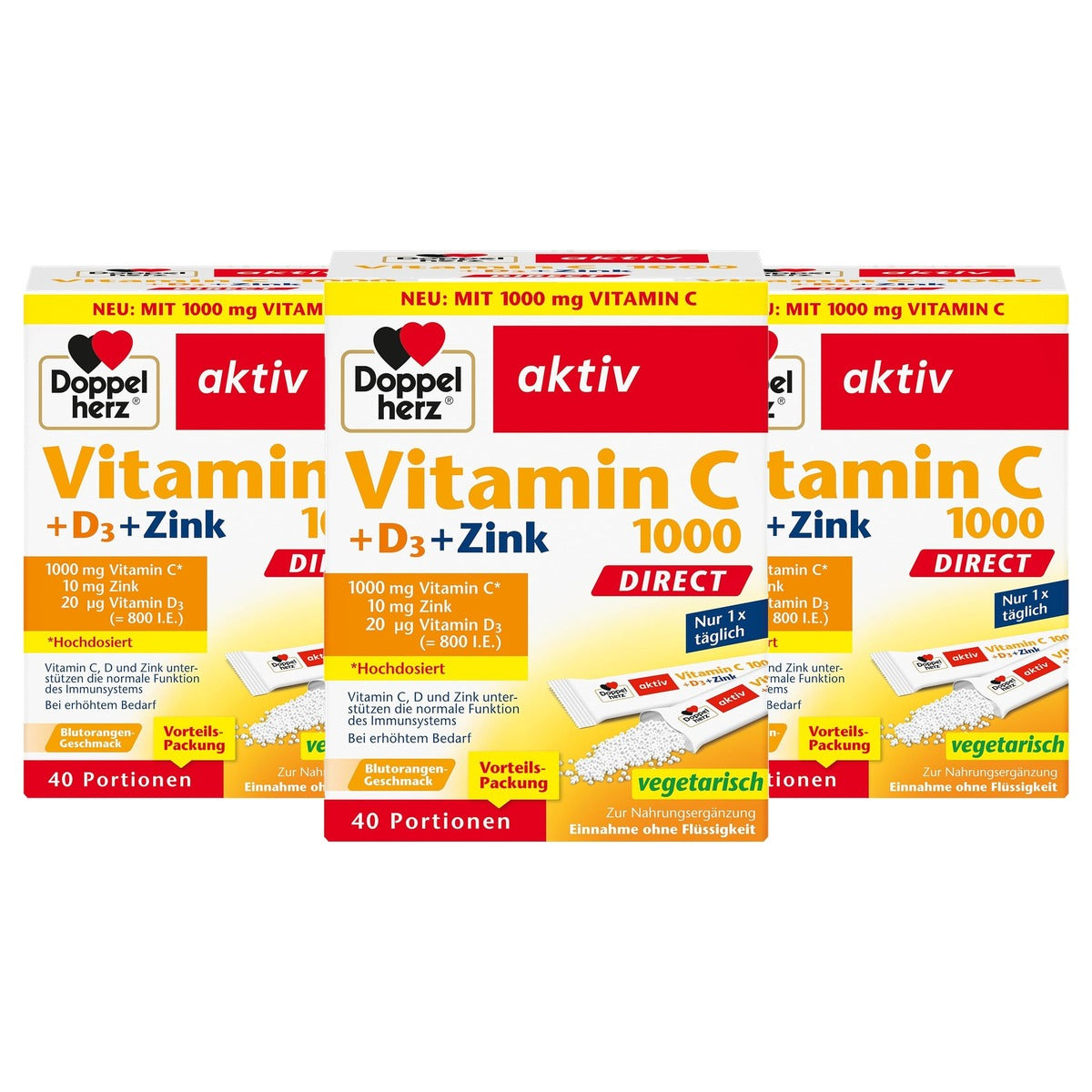 Doppelherz Vitamine C 1000 + D3 + Zink Direct Bloedsinaasappel 40 Sticks - 3-pack