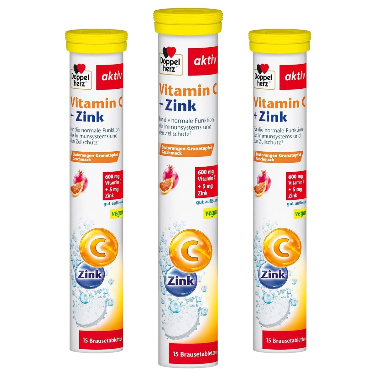 Doppelherz Vitamine C + Zink Bloedsinaasappel-Granaatappel 15 Bruistabletten - 3-pack