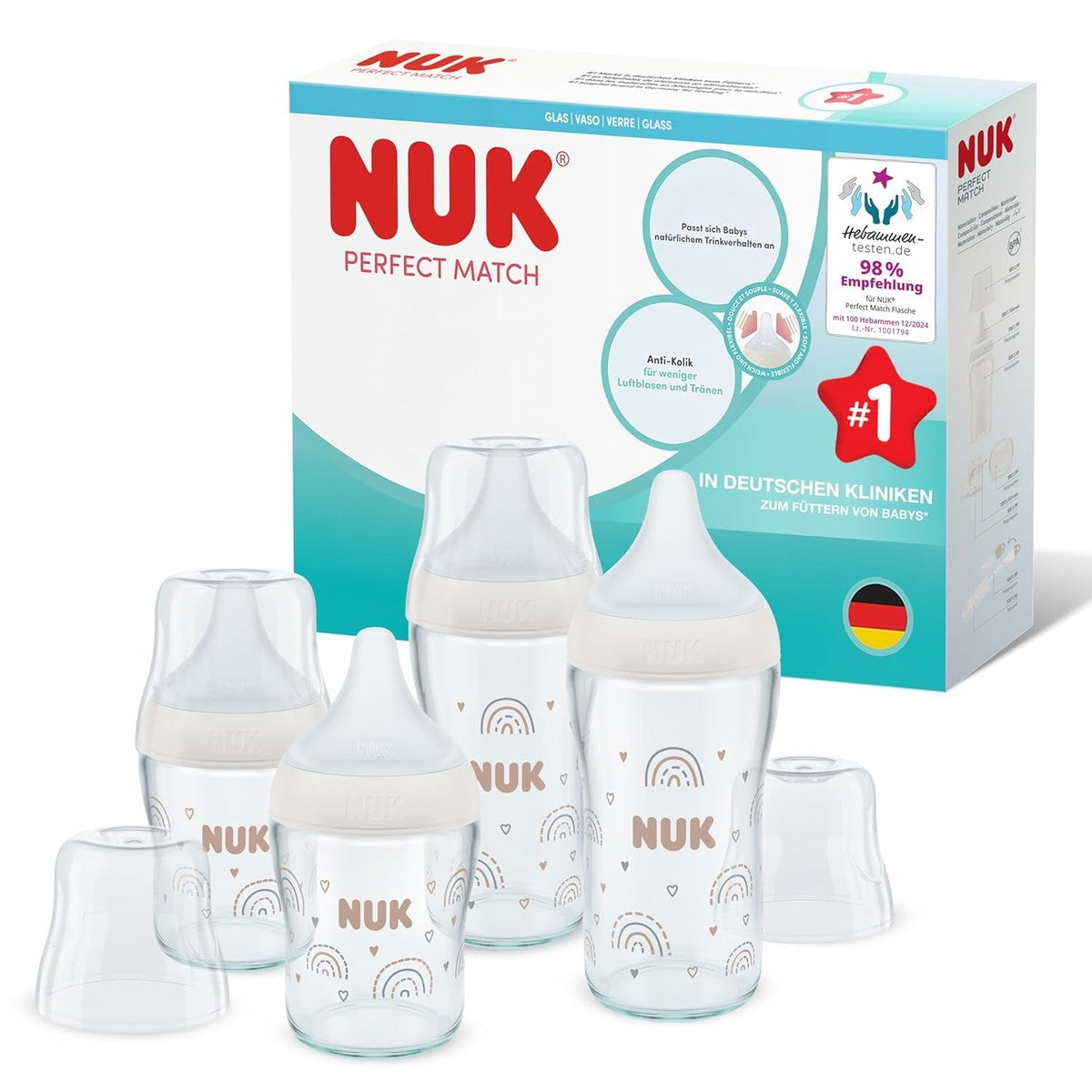 NUK Perfect Match glazen babyflessenset 120 ml & 230 ml 4 stuks – NUK