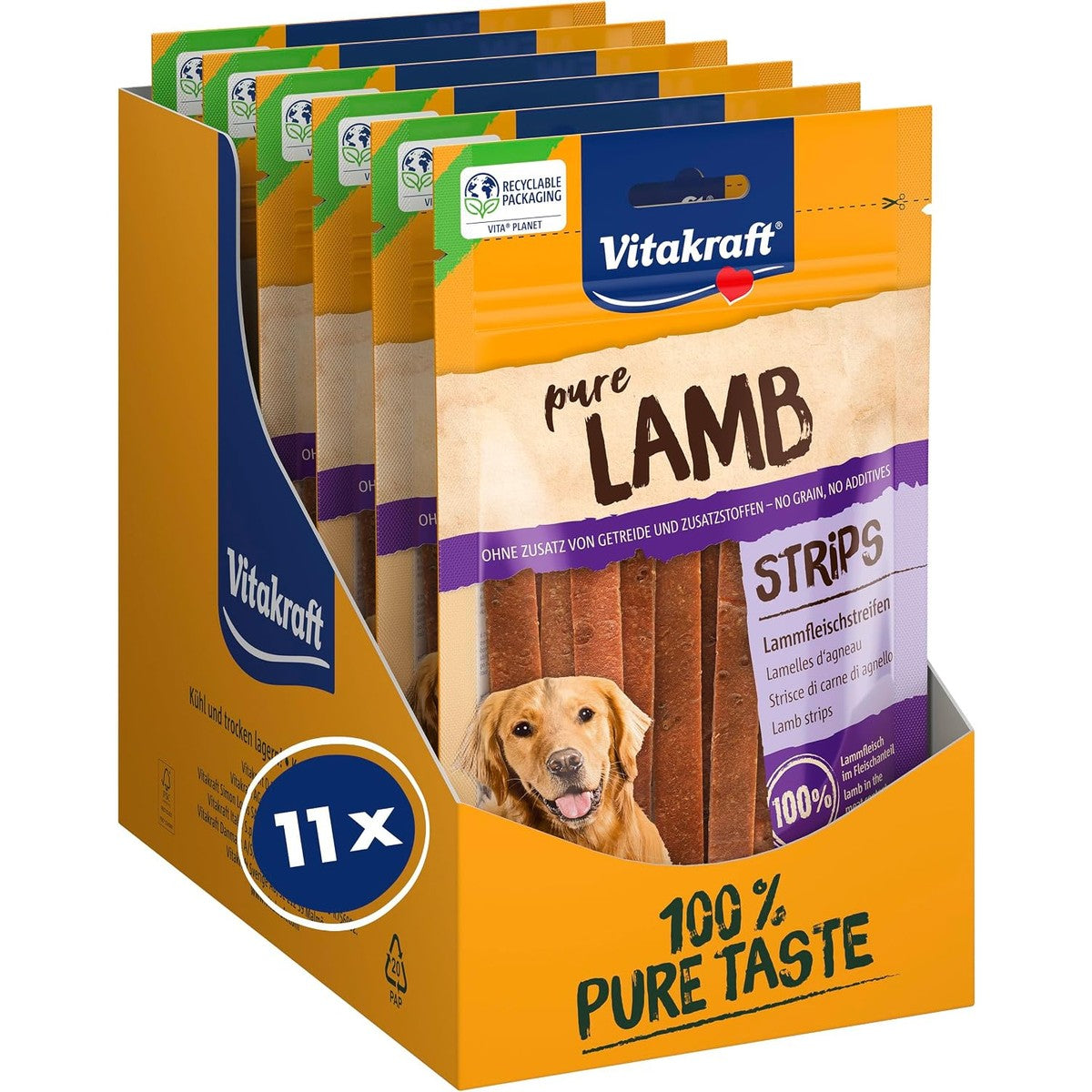 Vitakraft Pure Lamb Strips, hondenlekkernijen, lamsvleestreepjes, hondentrainingstraktaties, zonder toegevoegde suiker (11 x 80 g) – Vitakraft