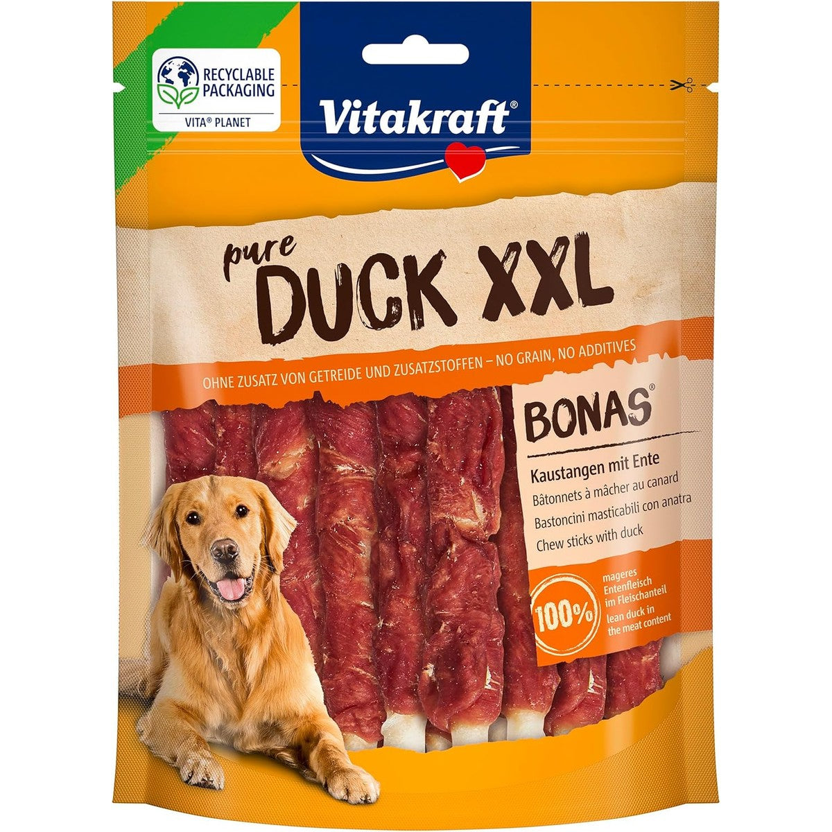 Vitakraft Pure Duck XXL bonas, hondenlekkernijen, kauwstangen met eendenvlees, hondentrainingslekkernijen, zonder toevoeging van suiker en granen (1 x 200 g) – Vitakraft
