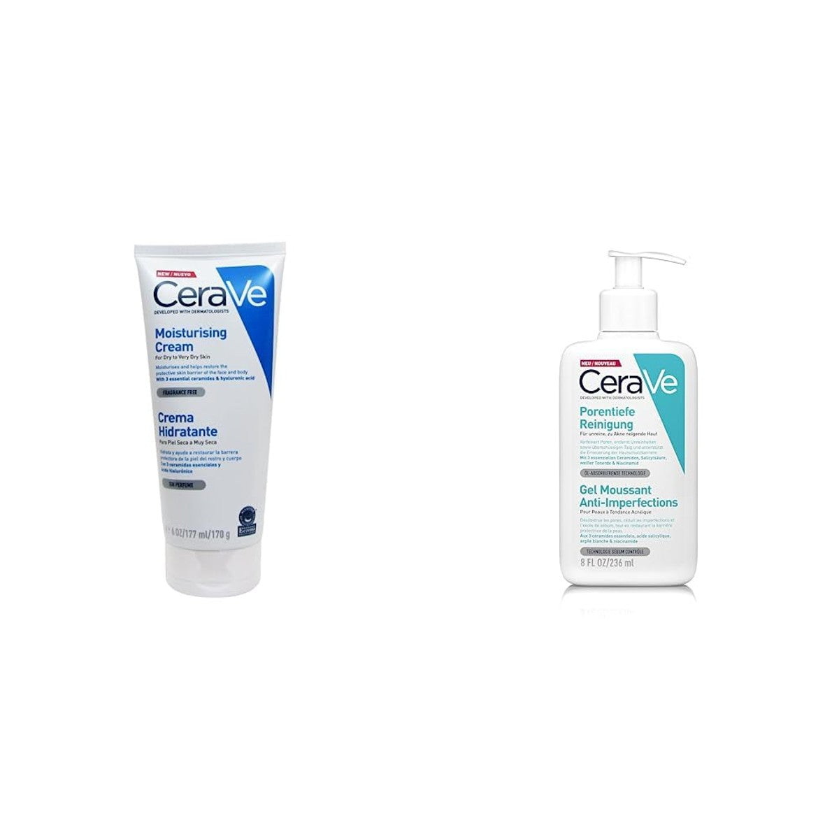 CeraVe Vochtinbrengende Crème 177 ml & Reinigingsgel tegen Puistjes 236 ml
