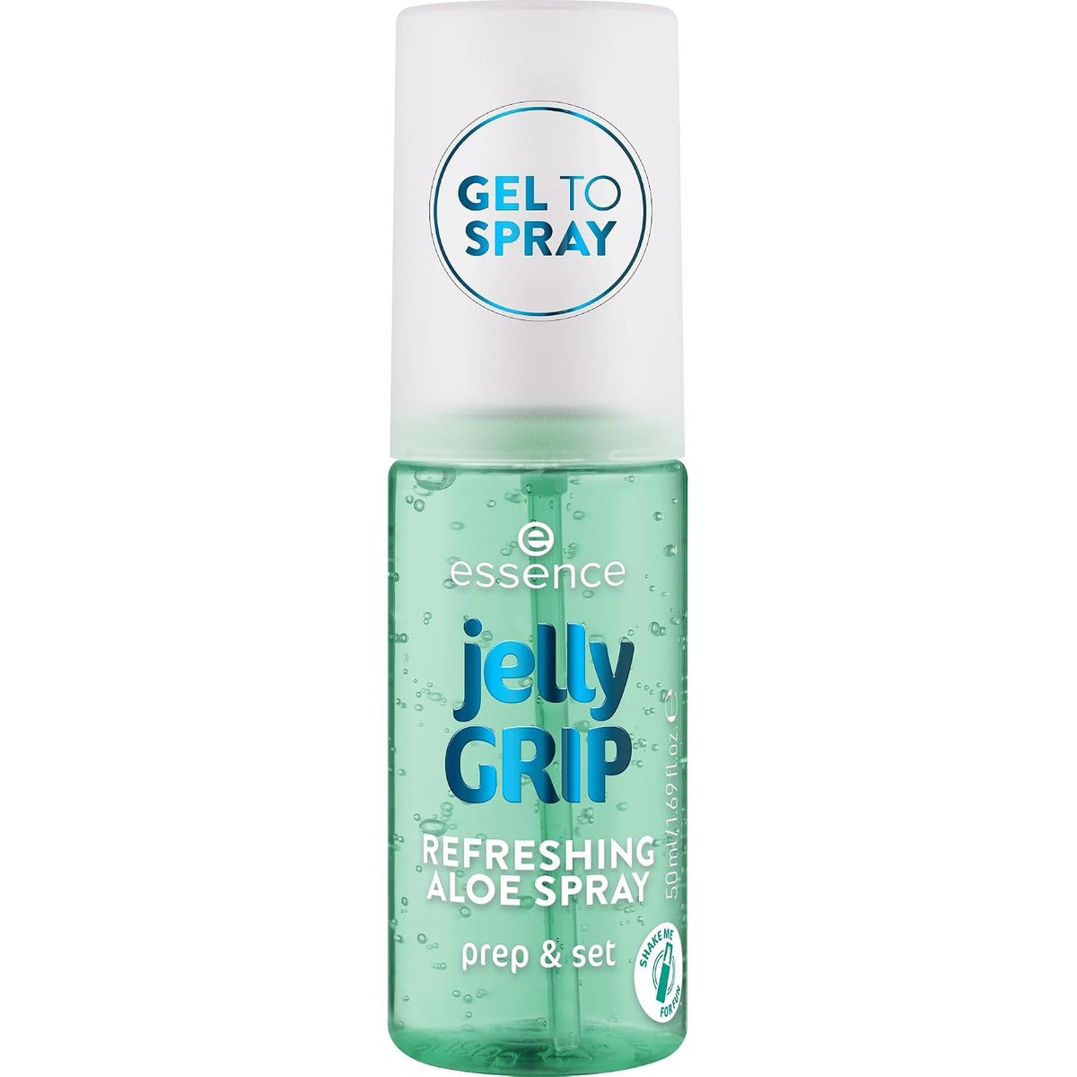 essence Jelly Grip Refreshing Aloë Spray, fixeerspray, transparant, hydraterend, verfrissend, stralend fris, veganistisch, olievrij, zonder alcohol, zonder parabenen, per stuk verpakt (50 ml) | Verfrissende, hydraterende grip-spray met – Essence Cosmetics