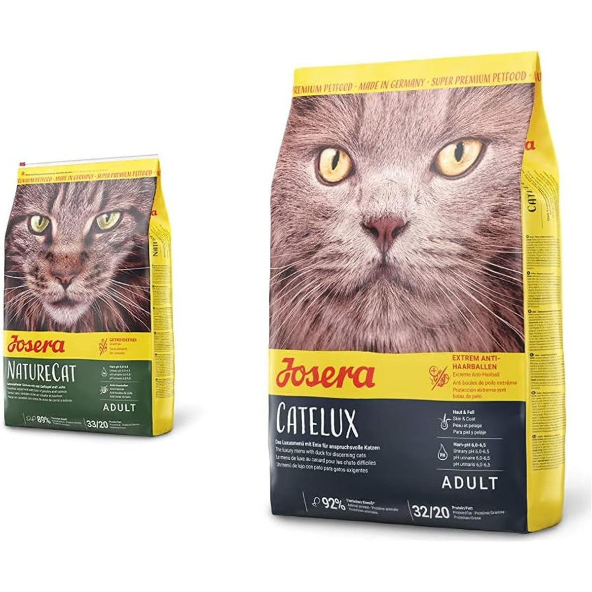 JOSERA NatureCat Kattenvoer, 1 x 2 kg, graanvrij kattenvoer met gevogelte en zalmproteïne, per stuk verpakt en Catelux (1 x 2 kg), met smakelijke eendenproteïne en aardappel voor veeleisende katten, – Josera