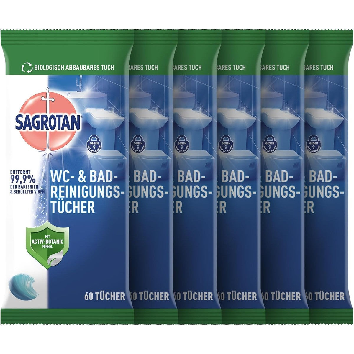 Sagrotan WC-reinigingsdoekjes voor een hygiënisch schoon en glanzend toilet, 6 x 60 desinfectiedoekjes in hersluitbare verpakking – Sagrotan