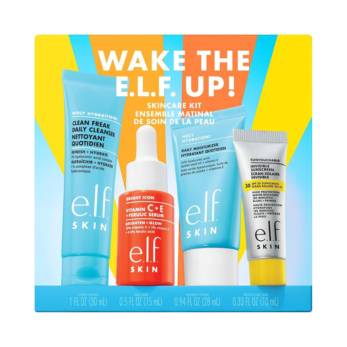 e.l.f. Skin Wake the e.l.f. Up Skincare Kit, vochtinbrengende gezichtsreiniger in reisformaat, zonwering, vochtinbrengende crème en lichter serum, veganistisch en dierproefvrij – e.l.f.