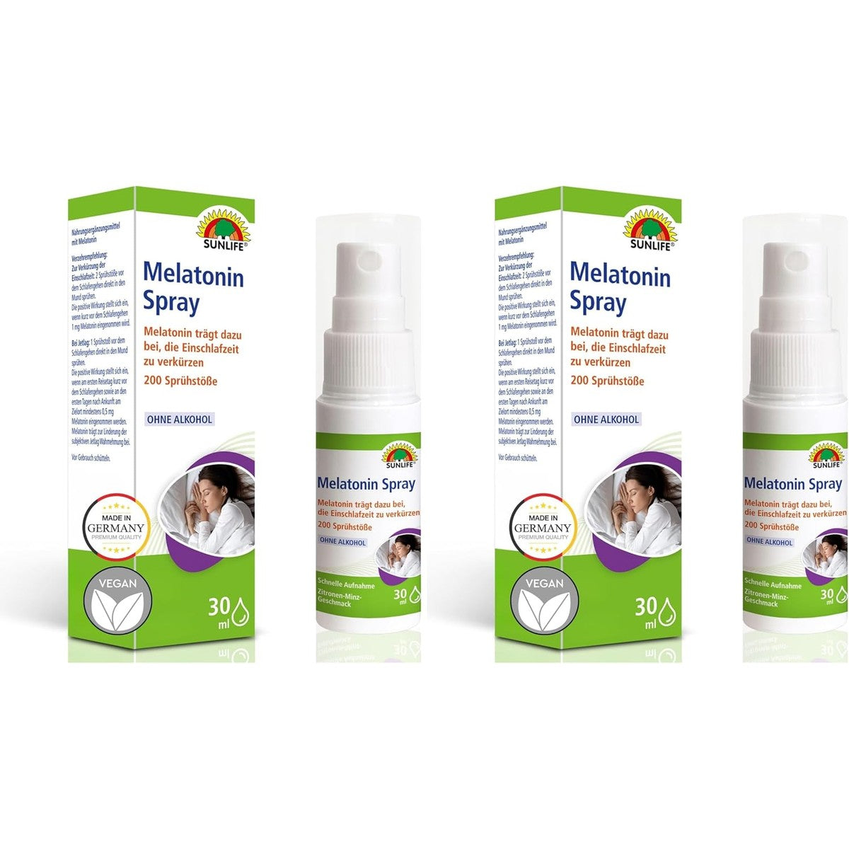 SUNLIFE Melatoninespray, hoge dosis, 1 x 30 ml, natuurlijke slaapspray met 1 mg melatonine per 2 spuiten, ideaal voor jetlag en om in slaap te vallen, slaapspray met 200 spuiten (verpakking van 2) – Sunlife