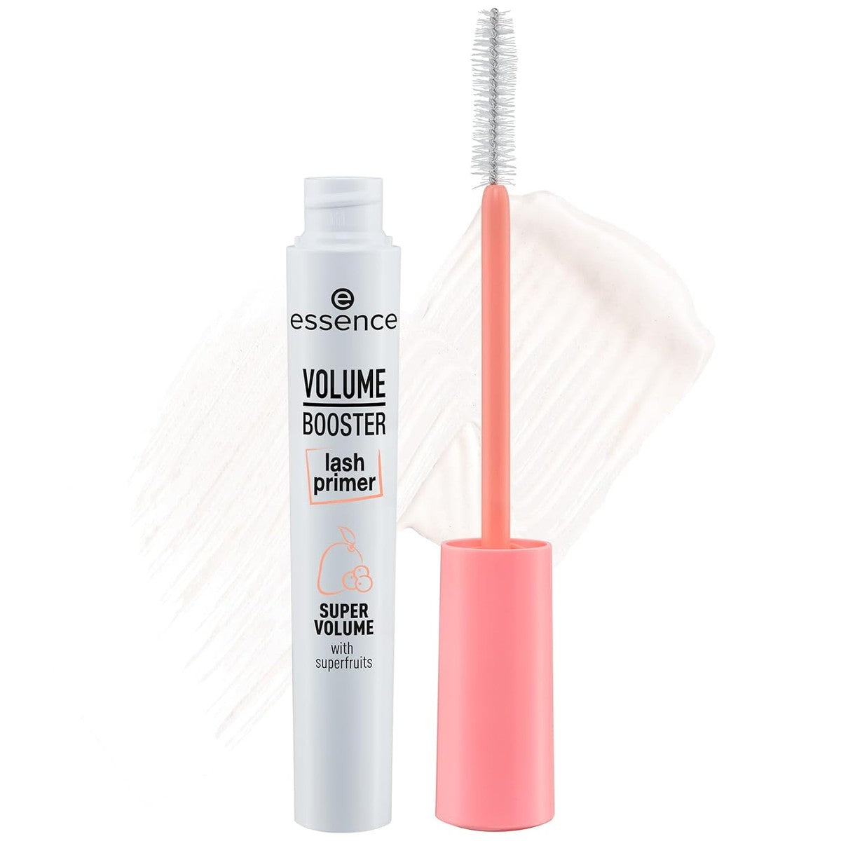 Essence Volume Booster Lasprimer, wit, volumegevend en primer, met oliën, veganistisch, zonder microplasticdeeltjes, nanodeeltjes, zonder alcohol, per stuk verpakt (7 ml) | Mit fruchtigem Duft, Mit pflegendem Açaí-Öl & Mango-Butter – Essence Cosmetics