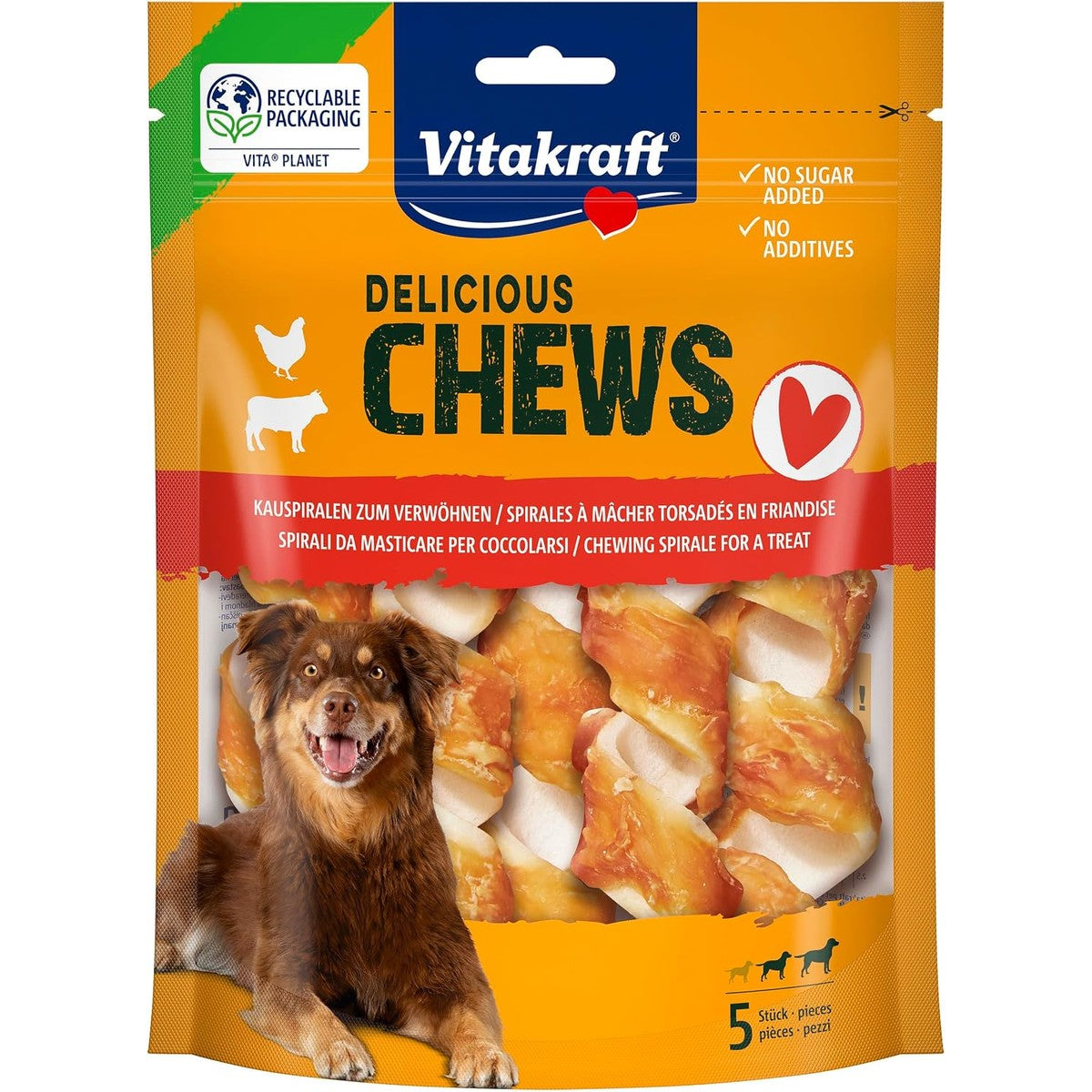 Vitakraft Delicious Chews, Hondenkauwbotten, kauwspiraal van runderhuid omwikkeld met kippenvlees, voor bezigheid, zonder toegevoegde suiker (1 x 100 g) – Vitakraft