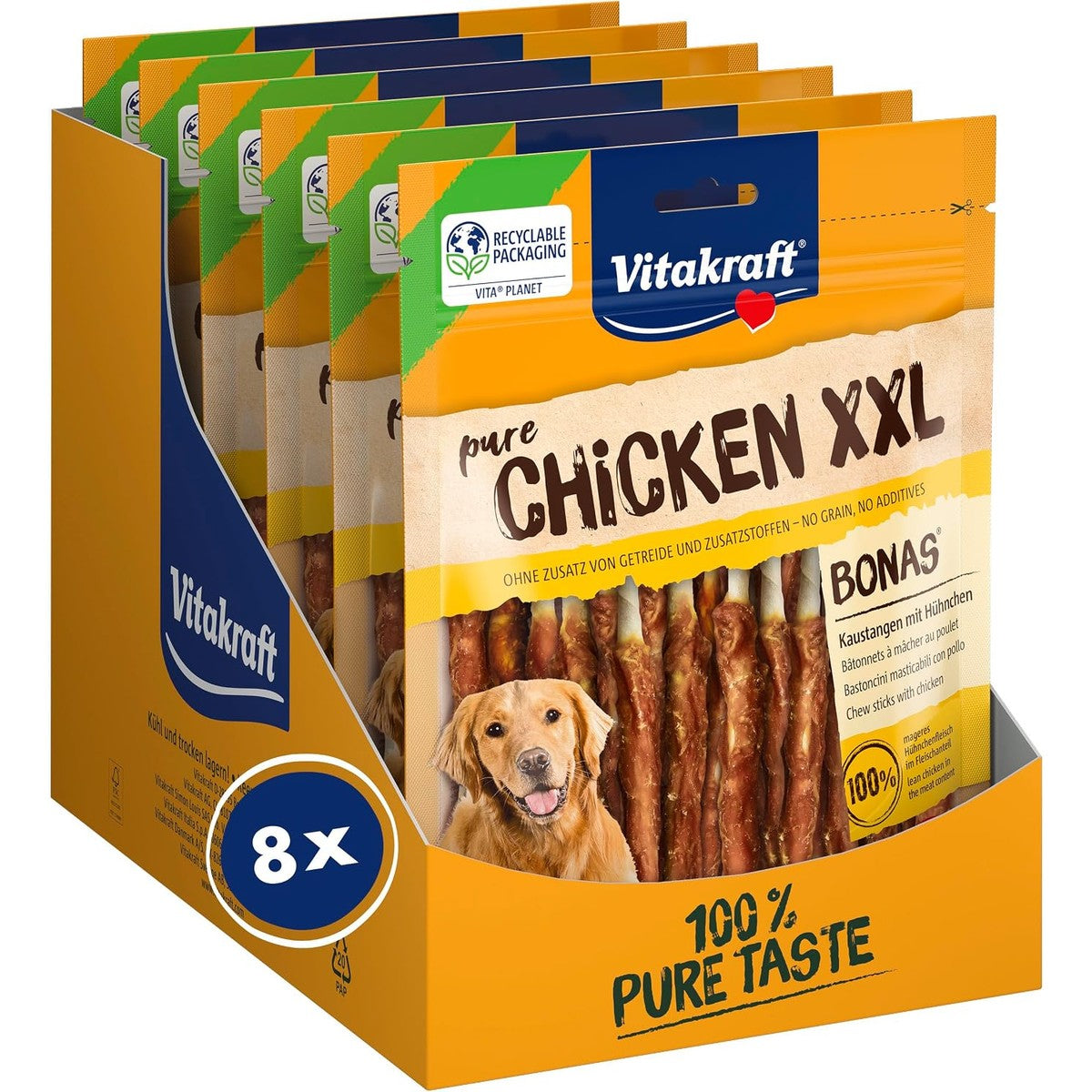 Vitakraft Pure Chicken XXL bonas, hondenlekkernijen, kauwstangen met kip, hondentrainingslekkernijen, zonder toegevoegde suiker (8 x 200 g) – Vitakraft