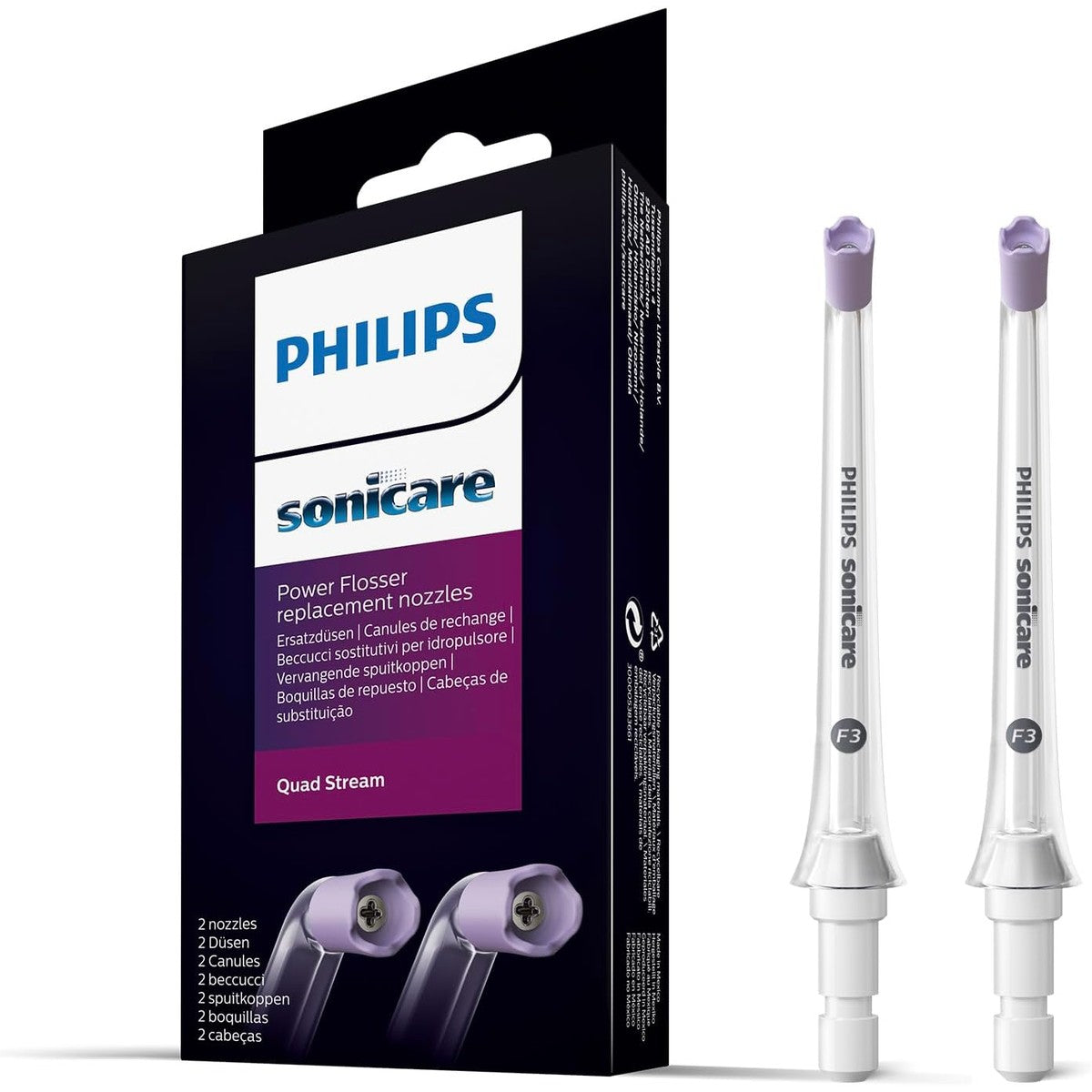 Philips Sonicare Quad Stream-mondstuk F3 voor monddouches, dubbelpak – mondwaterflosser voor gebruik met de draadloze Philips Sonicare powerflosser (model HX3062/00), wit – PHILIPS
