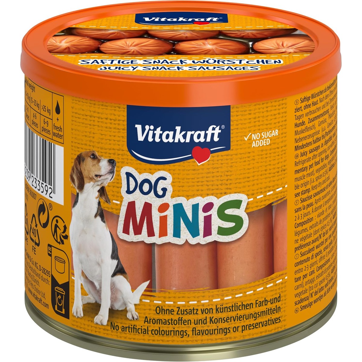 Vitakraft Dog Minis, hondenlekkernijen, mini-worstjes van gevogelte en varkensvlees, in blik met deksel, hondentrainingslekkernijen, gereduceerd, zonder toevoeging van suiker (1 x 120 g) – Vitakraft