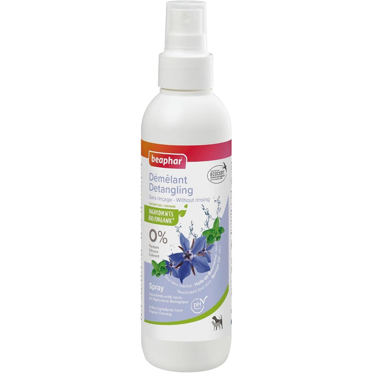 BEAPHAR Spray Démêlant Labellisé ECOCERT voor Chien et Chat Contient de l'Aloë Vera, de l'huile de Bourrache et de la Menthe Bio pH-Neutre sans Parabène/Silicone/Colorant/Alcool 200 ML – beaphar