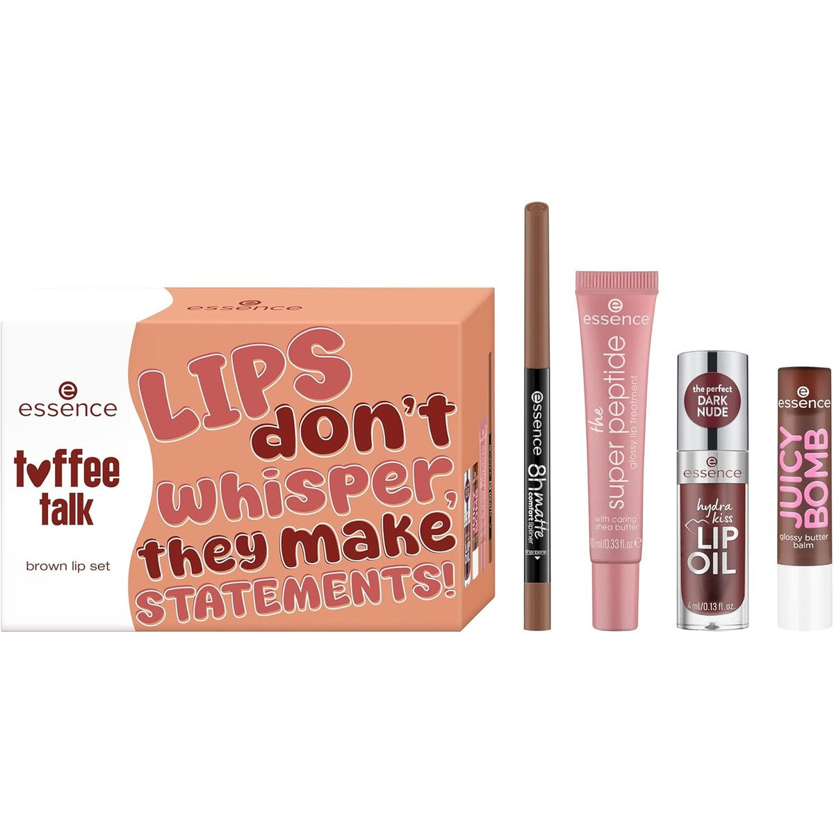 essence toffee talk brown lip set 01 Pout Au Chocolat, 4-delige set, lipliner, lippenbalsem & behandeling, matte tot glanzende bruintinten – Essence Cosmetics