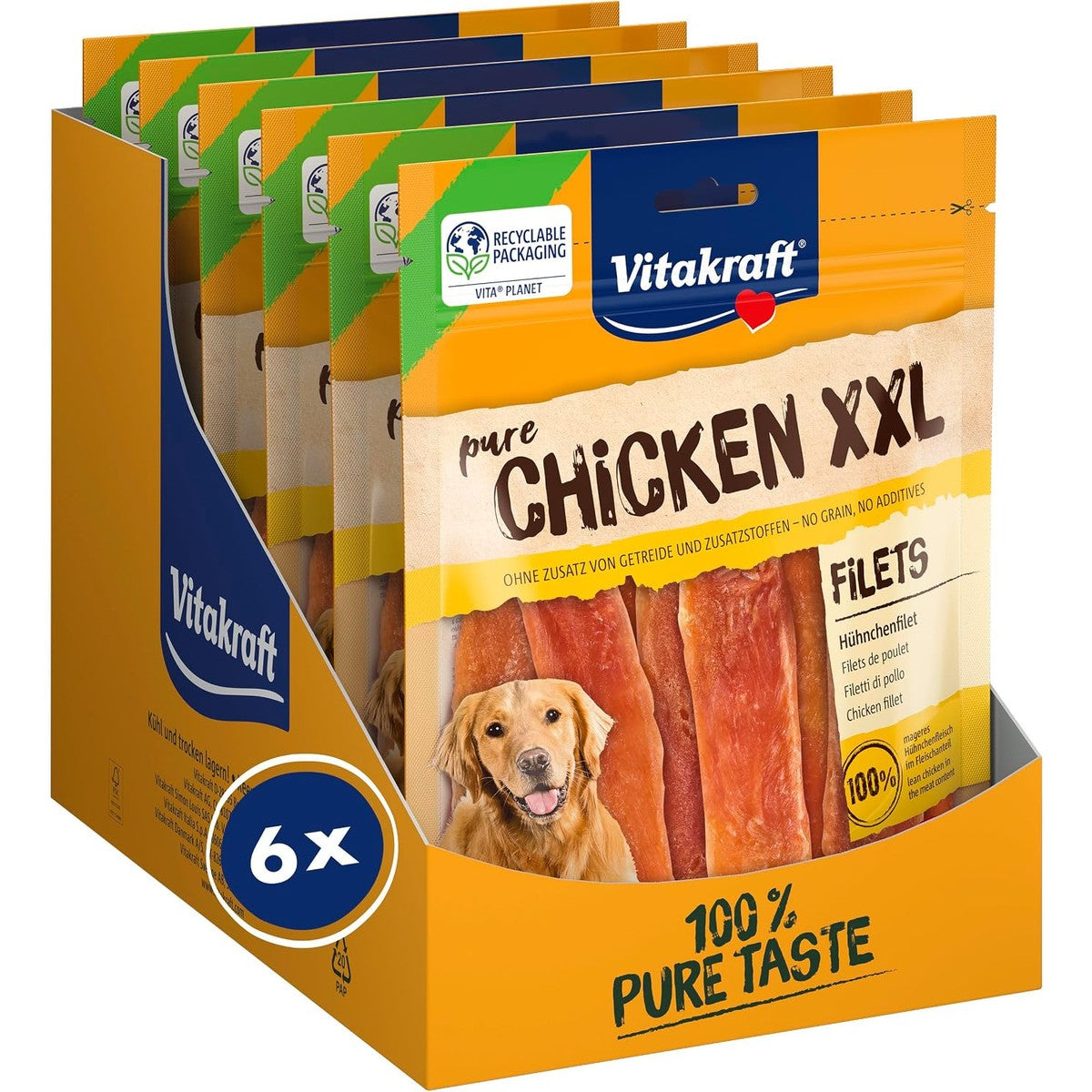 Vitakraft Pure Chicken XXL Filets, hondensnackers, kipfilet, hondentrainingslekkernijen, zonder toegevoegde suiker (6 x 250 g) – Vitakraft