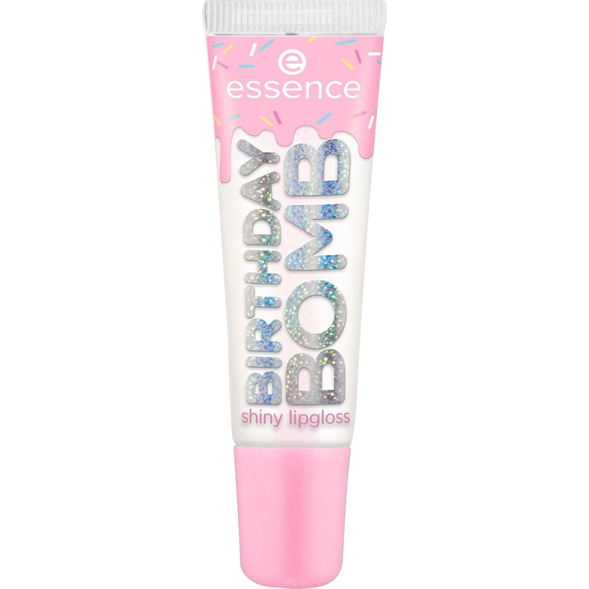 essence Birthday Bomb glossy lipgloss, nr. 01, transparant, natuurlijk, glanzend, stralend fris, glinsterend, veganistisch, zonder parabenen, zonder microplastic deeltjes, vrij van nanodeeltjes, per | Lipgloss, delicate, melkachtige – Essence Cosmetics