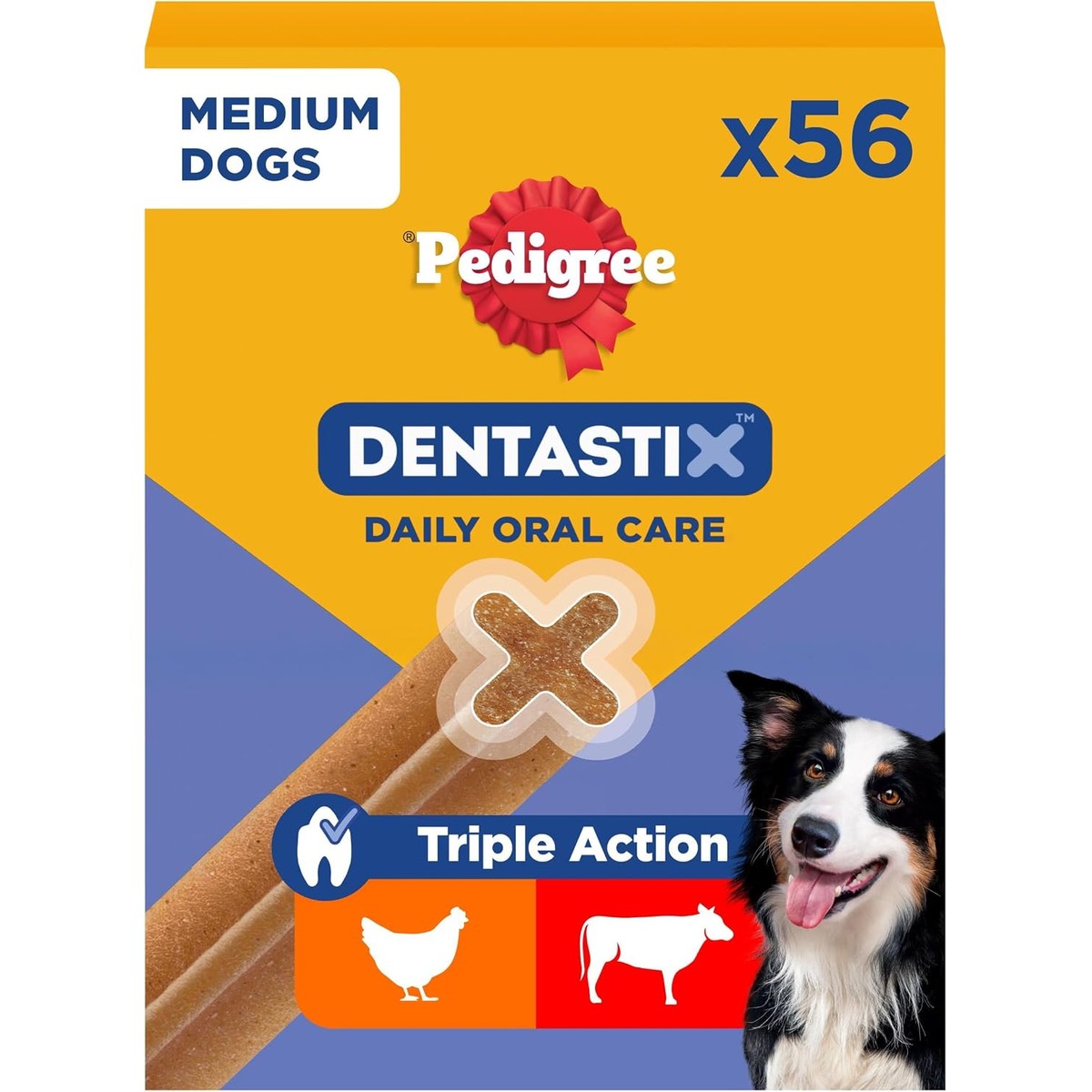 Pedigree DentaStix Hondensnack voor middelgrote honden (10-25 kg), tandverzorgingssnack met kip en rundvlees, 1 verpakking van 56 stuks (1 x 1,44 kg) – Pedigree