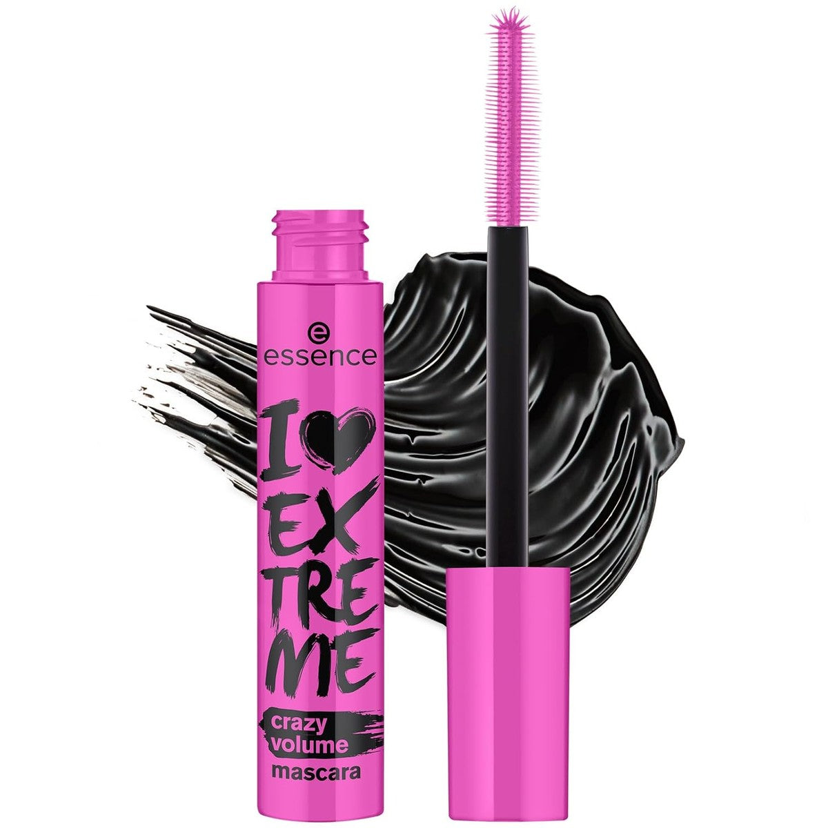 essence I LOVE EXTREME Crazy Volume mascara, zwart, langdurig, volumegevend, zwaaigevend, verlengend, veganistisch, zonder microplasticdeeltjes, nanodeeltjes, zonder parfum, per stuk verpakt (12 ml) | Volumen-Wimperntusche mit Extragroßer – Essence Cosmetics