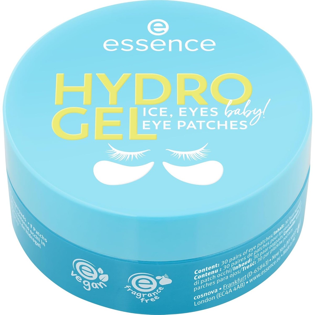 essence HYDRO GEL eye patches ICE, EYES, baby! 30 paar, oogverzorging, blauw, hydraterend, verkoelend, glinsterend, veganistisch, olievrij, zonder parfum, zonder alcohol, per stuk verpakt (90g) – Essence Cosmetics