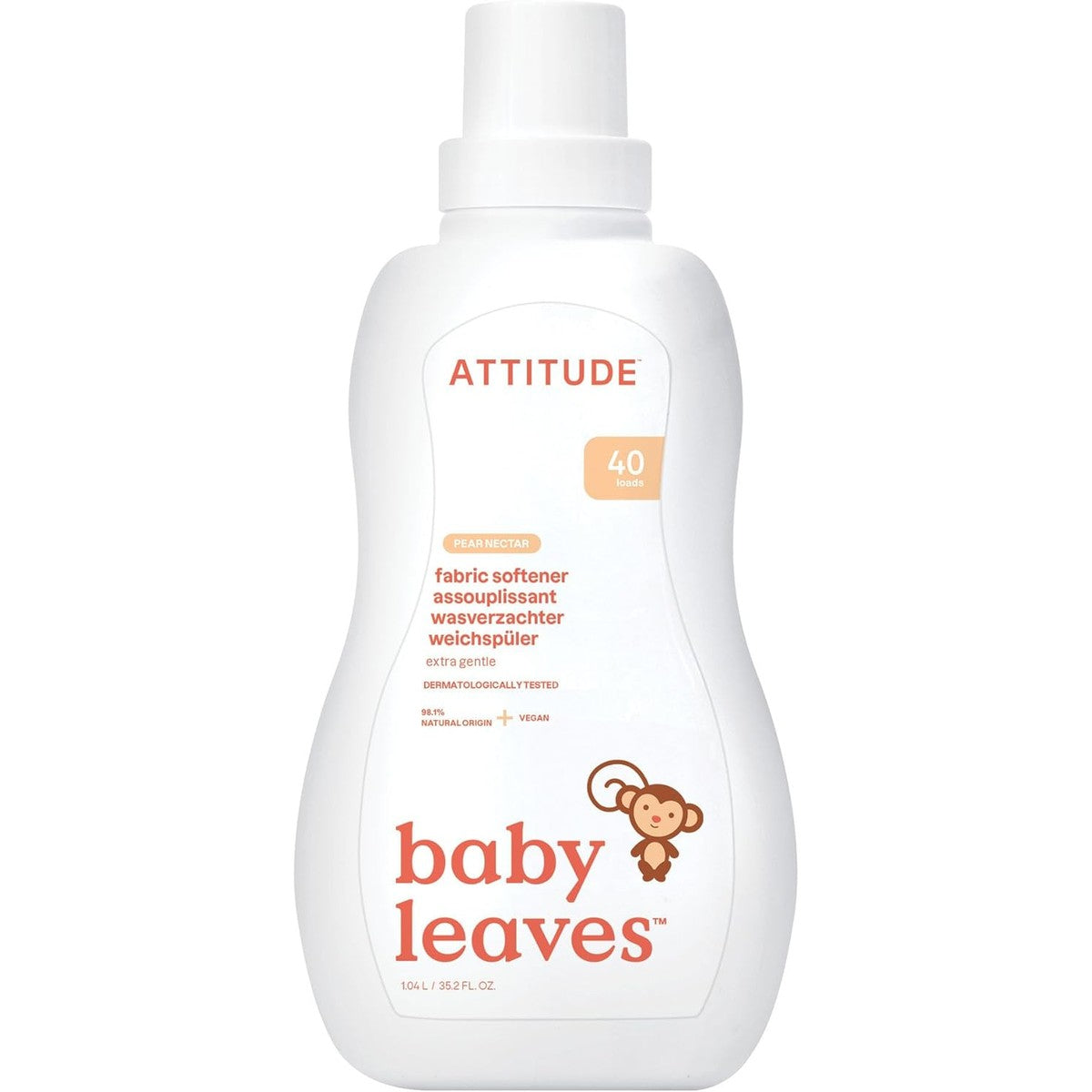 ATTITUDE Baby Fabric Softener Liquid, EWG Verified, Veilig voor Babykleding, Baby en Newborn, Vegan and Naturally Derived Washing Soap, HE Compatible, Peer Nectar, 40 Loads, 1,04 liter – ATTITUDE