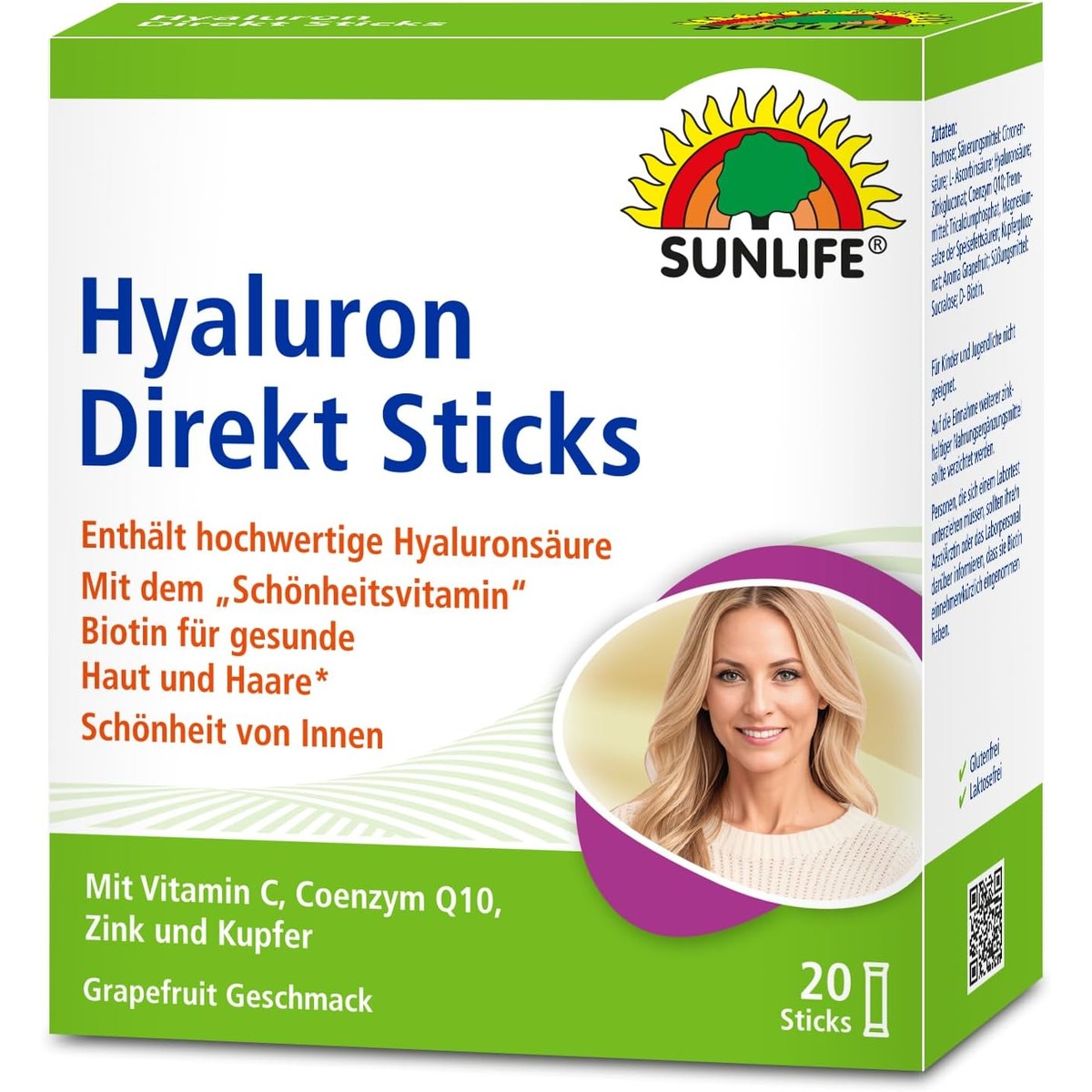 SUNLIFE Hyaluronsticks, 1 x 20 stuks, hooggedoseerd hyaluronzuur met coenzym Q10 biotine en vitamine C, voedingssupplement voor een gezonde huid, zink en koper ter ondersteuning van het bindweefsel – Sunlife