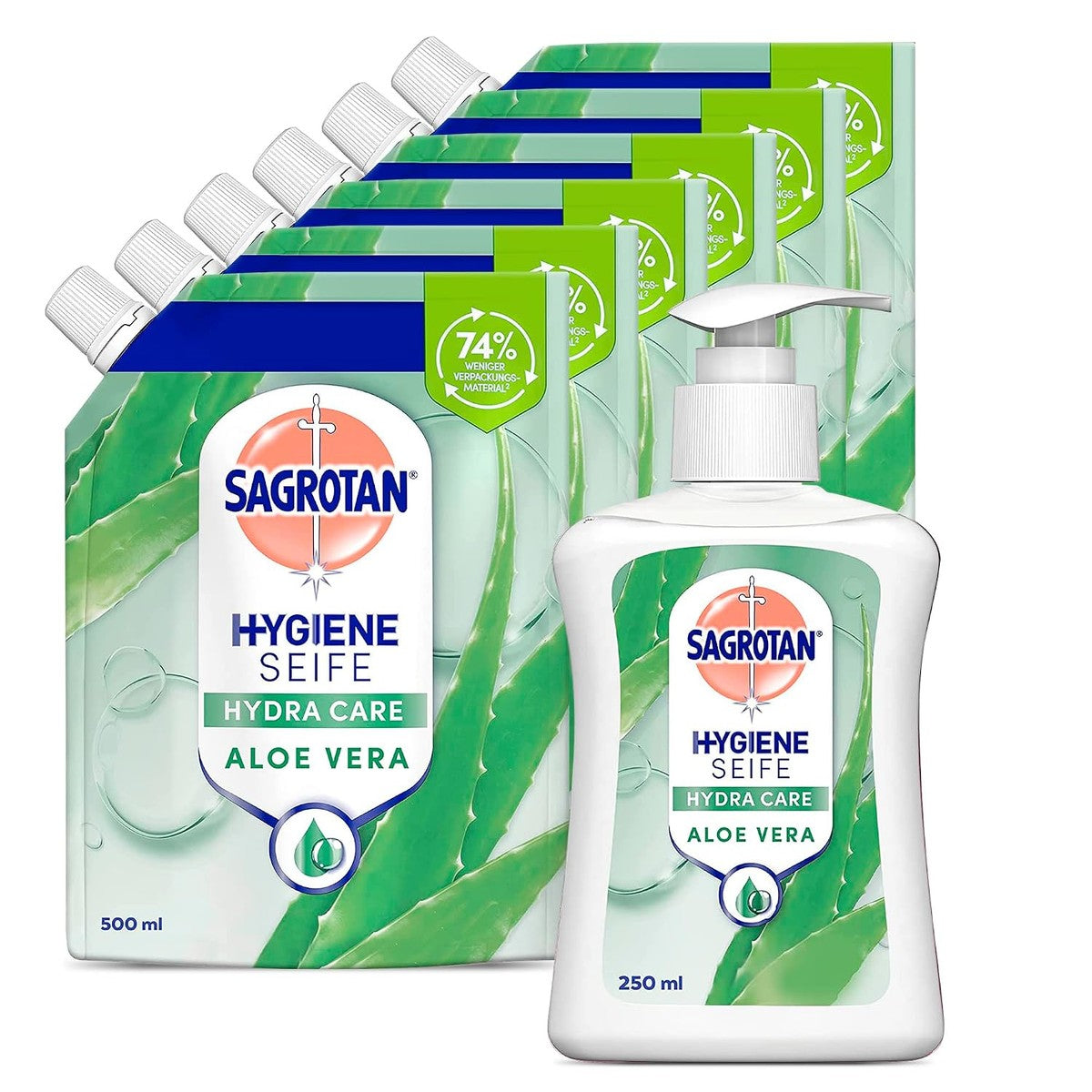 Sagrotan Set met antibacteriële vloeibare zeep, set met Sagrotan handzeep aloë vera (1 x 250 ml) en Sagrotan handzeep navulling aloë vera (6 x 500 ml) – Sagrotan