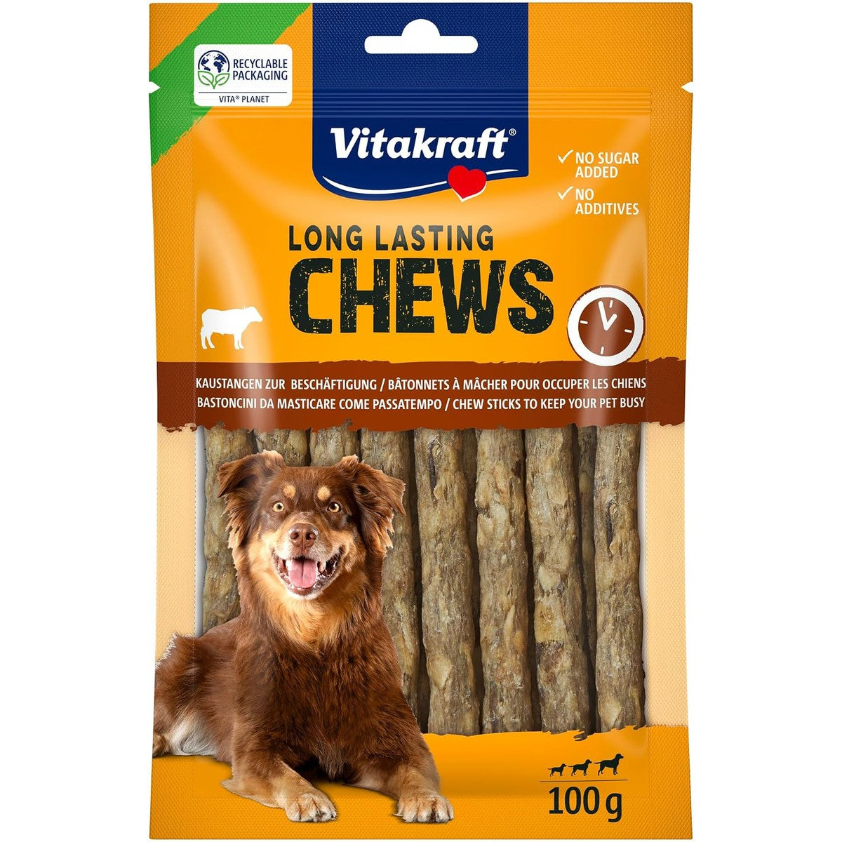 Vitakraft Long Lasting Chews, Munchy Sticks, hondenkauwbotten, kauwknopen van runderhuid, voor intensieve bezigheid (1 x 100 g) – Vitakraft