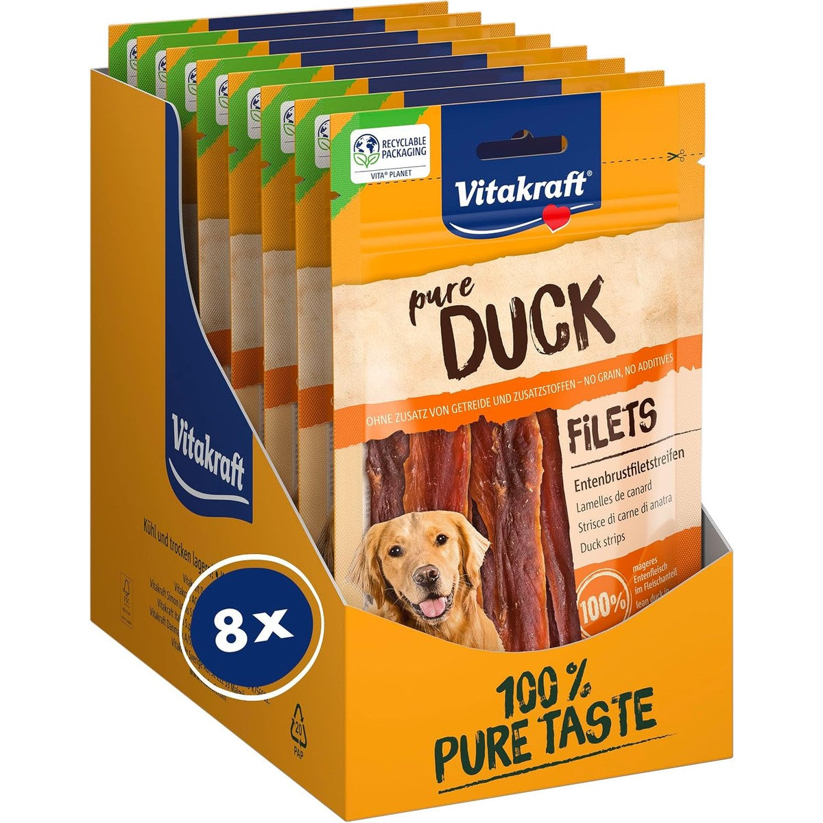 Vitakraft Pure Duck Filet, hondenlekkernijen, eendenborstfiletstrips, hondentrainingstraktaties, zonder toegevoegde suiker (8 x 80 g) – Vitakraft