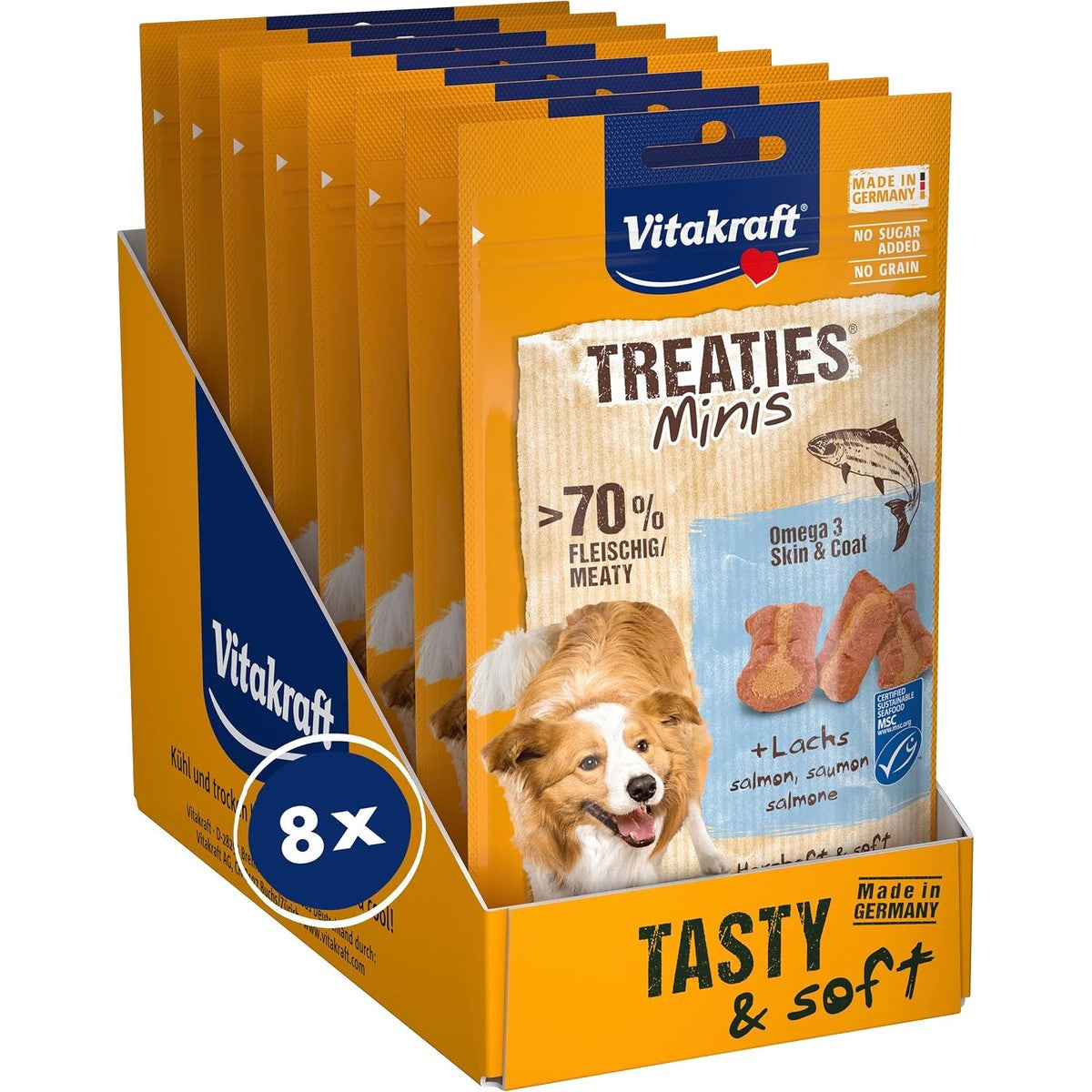 Vitakraft Treaties Minis, zachte hondensnack gevuld met zalm, met Omega 3, hondentrainingstraktaties (8 x 48 g) – Vitakraft