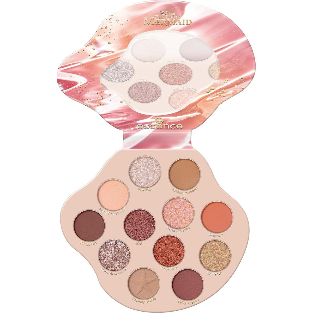 Essence Disney The Little Mermaid Oogschaduwpalet, oogschaduw, nr. 01, nude, 12 nude-tinten, langdurig, veganistisch, zonder microplasticdeeltjes, vrij van nanodeeltjes, zonder parfum, per stuk – Essence Cosmetics