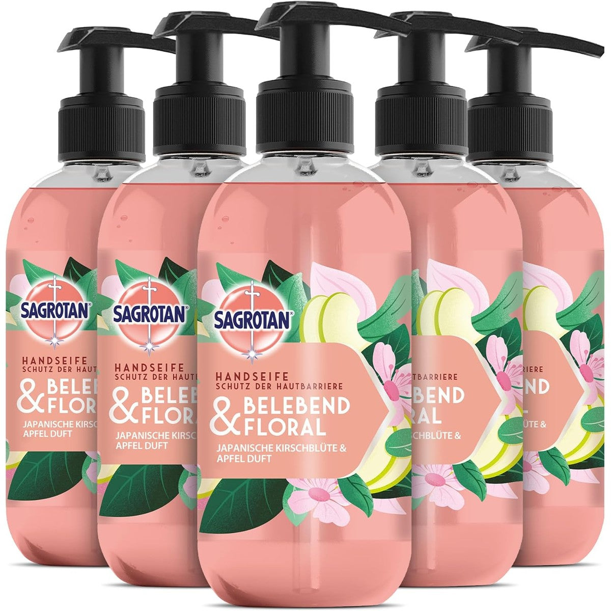 Sagrotan Hygiënische zeep, verkwikkend en gebloemd, vochtinbrengende vloeibare zeep met bloemengeur, 5 x 300 ml handzeep – Sagrotan