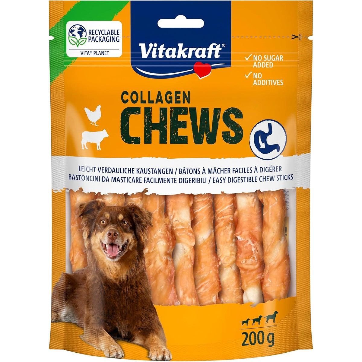 Vitakraft Collageen Chews, gemakkelijk verteerbare hondenkauwstokken, met collageen en kippenvlees, zonder toevoeging van suiker (1 x 200 g) – Vitakraft