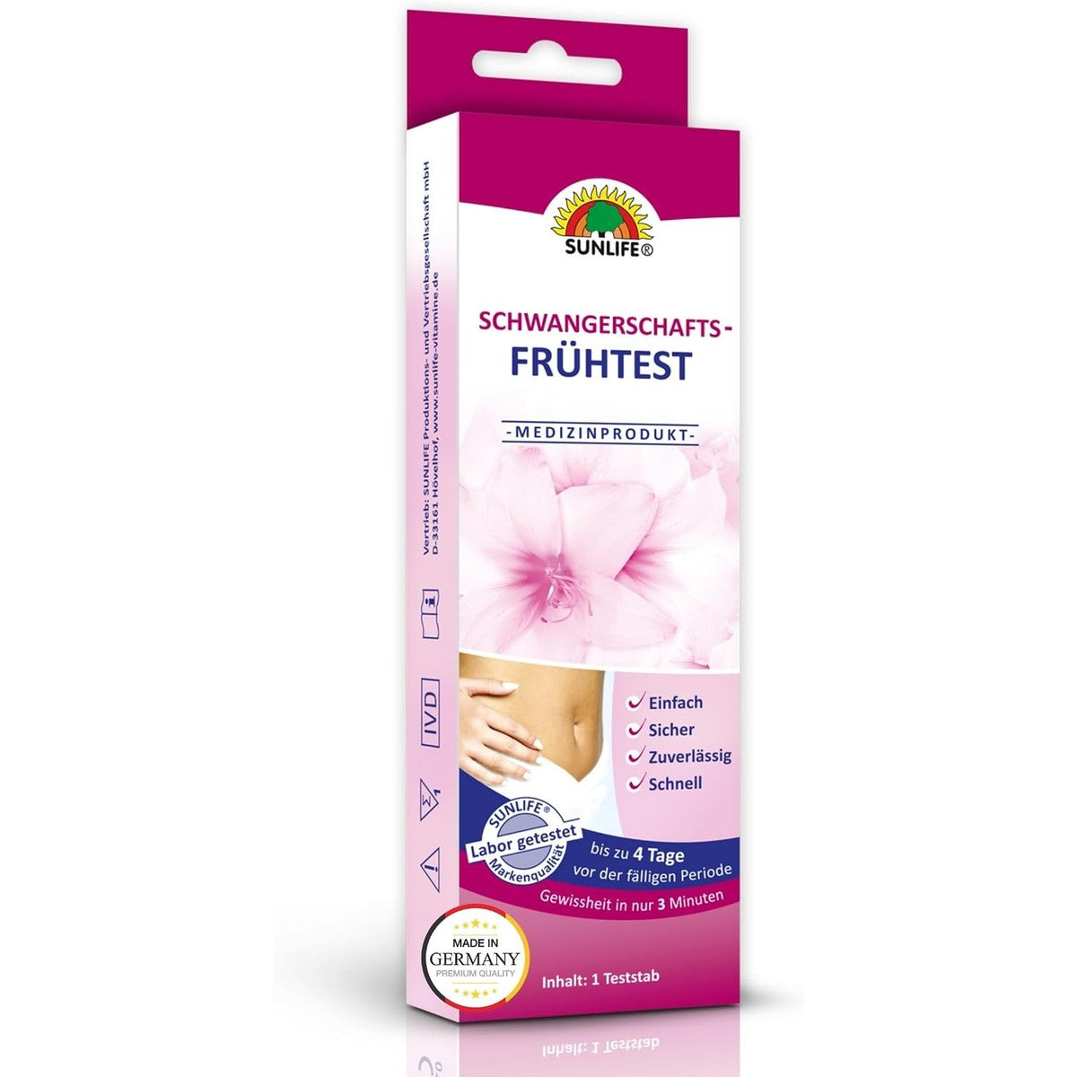 SUNLIFE Schwangerschaftsfrühtest - 1 Stück - hCG Urin Test mit hoher Zuverlässigkeit - Schwangerschaftstest ab 4 Tage vor der fälligen Periode - präziser Ultra Frühtest – Sunlife