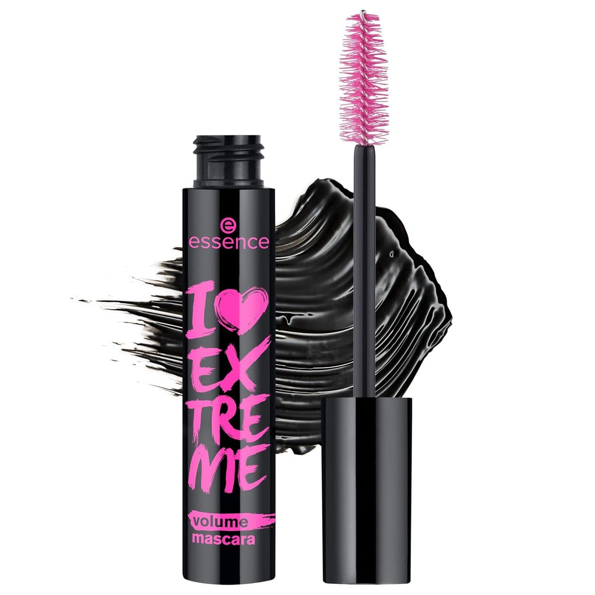 Essence I LOVE EXTREME volume mascara, nr. 01, zwart, volumegevend, zwaaigevend, verlengend, veganistisch, zonder microplasticdeeltjes, nanodeeltjes, zonder parfum, per stuk verpakt (12 ml) | Extra-große Faserbürste für sichtbar vollere – Essence Cosmetics