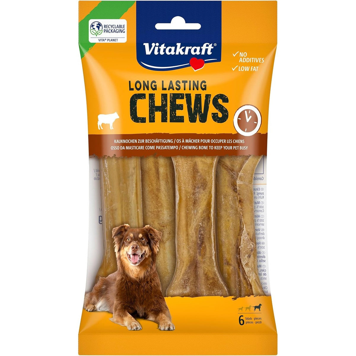 Vitakraft Chews, hondensnack, 14 cm lang, langdurige kauwbotten, voor intensieve bezigheid, van gedroogde en geperste runderhuid, voor grote honden (1 x 6 stuks) – Vitakraft