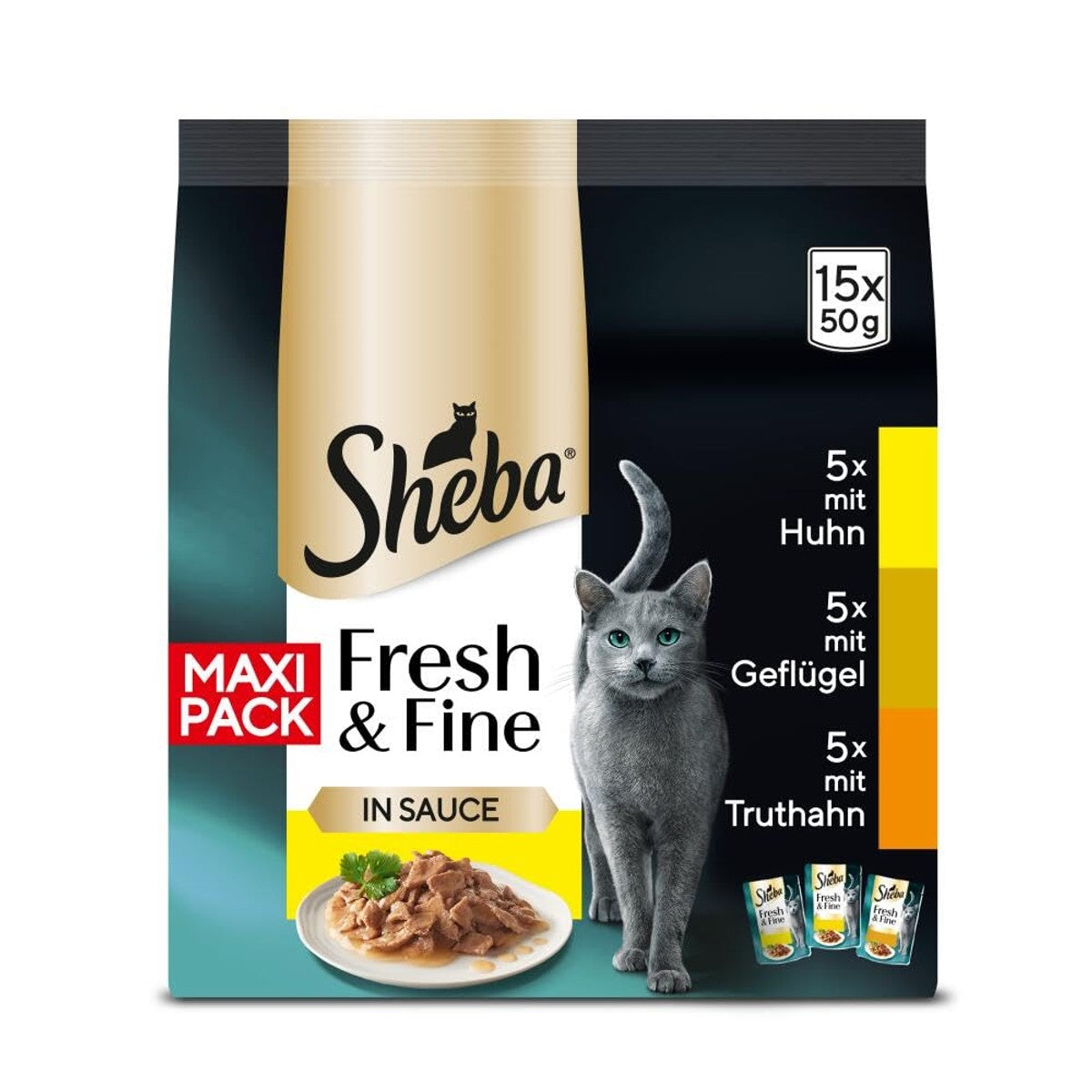 Sheba Fresh & Fine natvoer kattenvoer kip, gevogelte en kalkoen 5 x 15 x 50 g