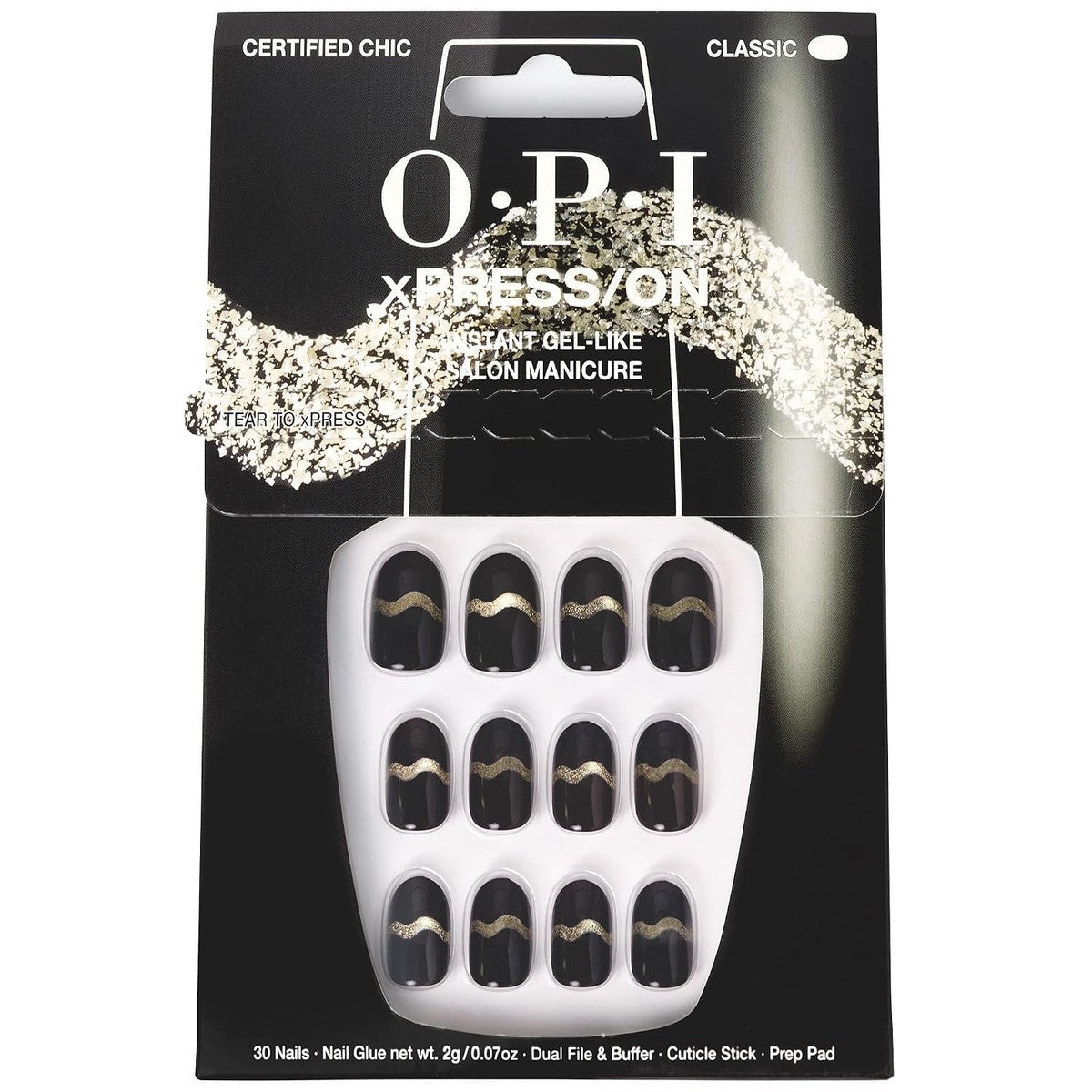 OPI xPRESS/ON Certified Chic Kunstnagels Zwart/Goud 30 Stuks